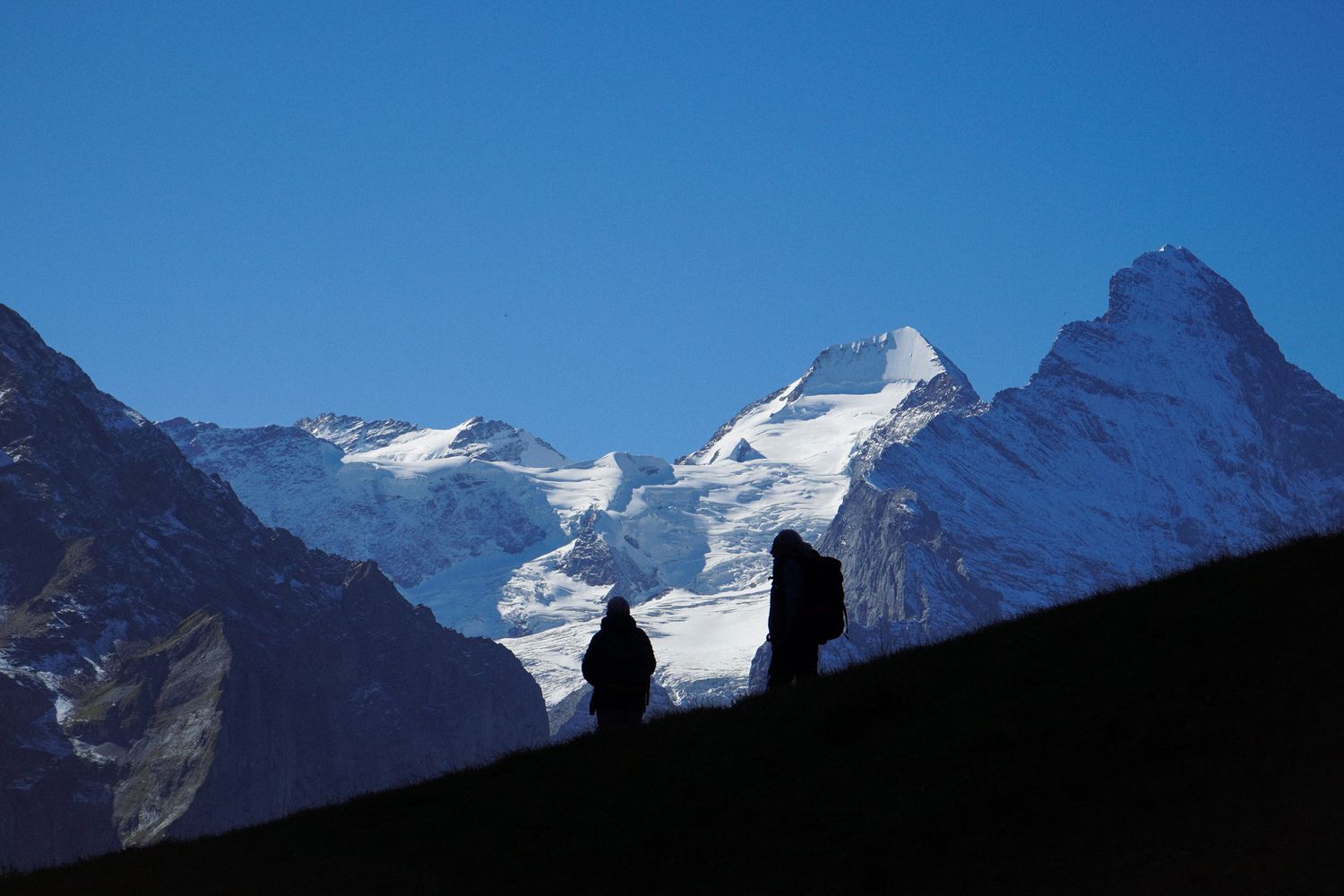Panoramic view of snow-capped mountain peaks against a clear blue sky in the Alps.