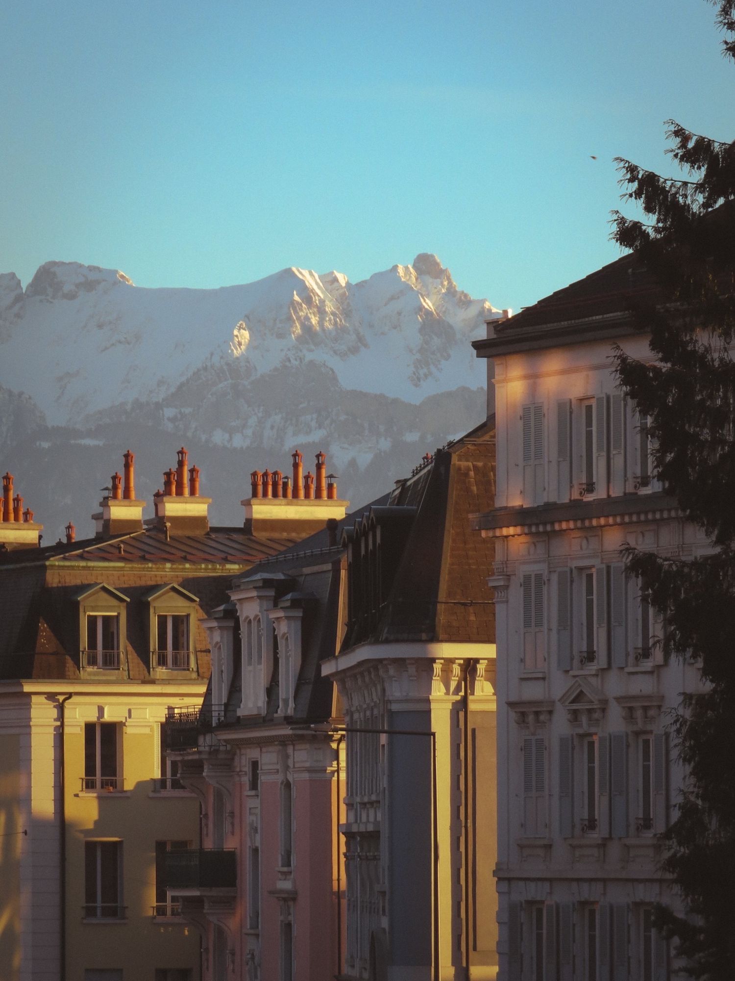 Sunset illuminates the rooftops and chimneys of traditional European townhouses with snow-capped mountains in the background.