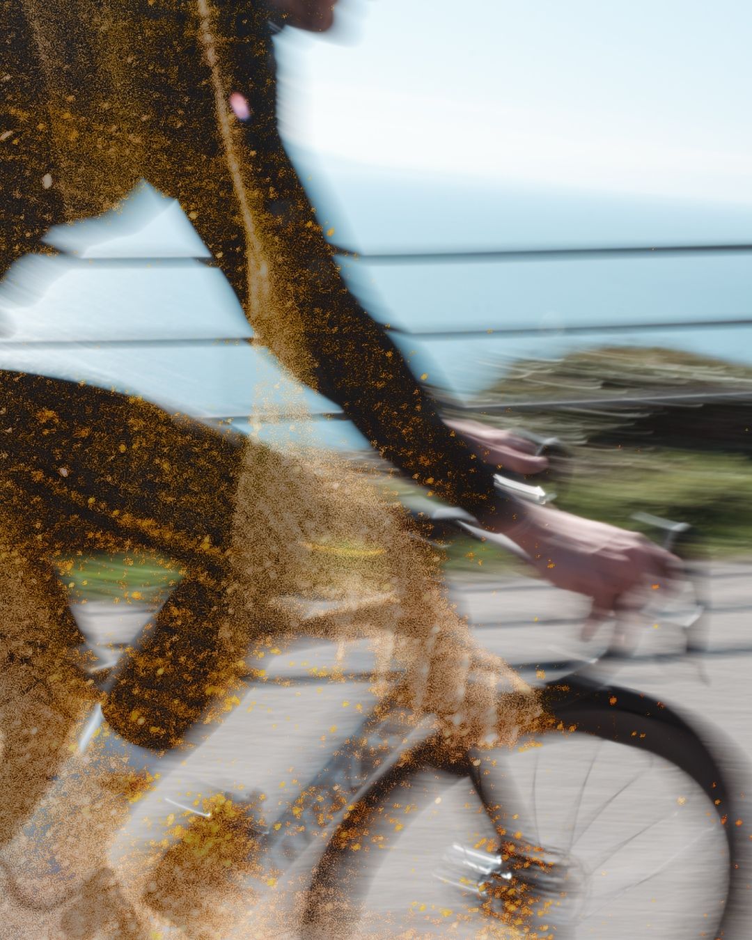 Motion blur sequence of a person performing a skateboarding trick on a ramp in golden afternoon light.