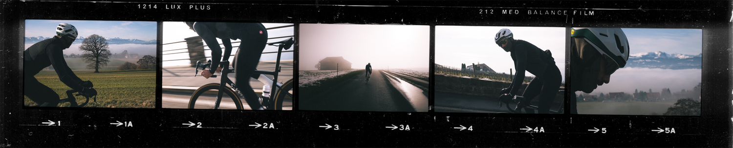 A row of small video preview thumbnails showing a photo session with a cyclist in winter scenery, surrounded by mountains