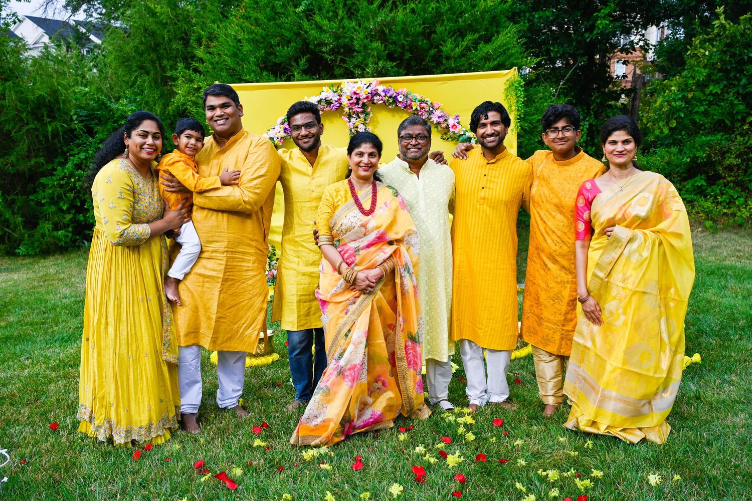Family gathered together for a memorable haldi celebration photo.
