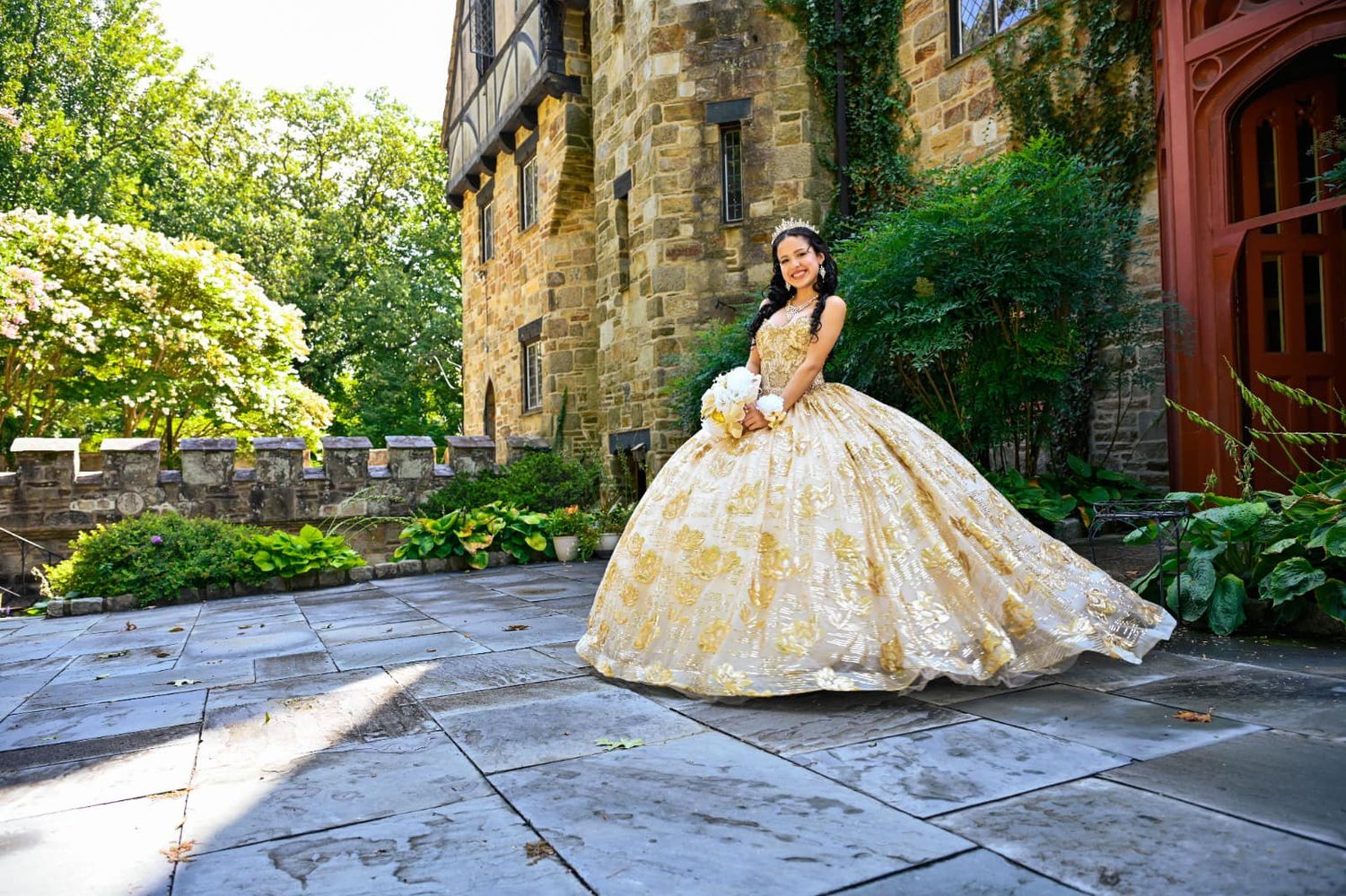 Timeless portrait with the quinceañera looking directly into the camera at Cloisters Castle