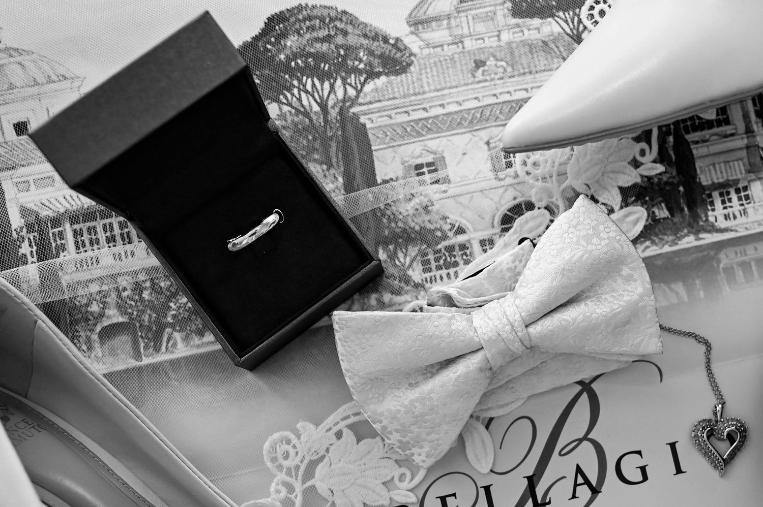 Detailed wedding flat lays featuring rings, heels, bowties, necklaces, invitations, and bridal accessories.