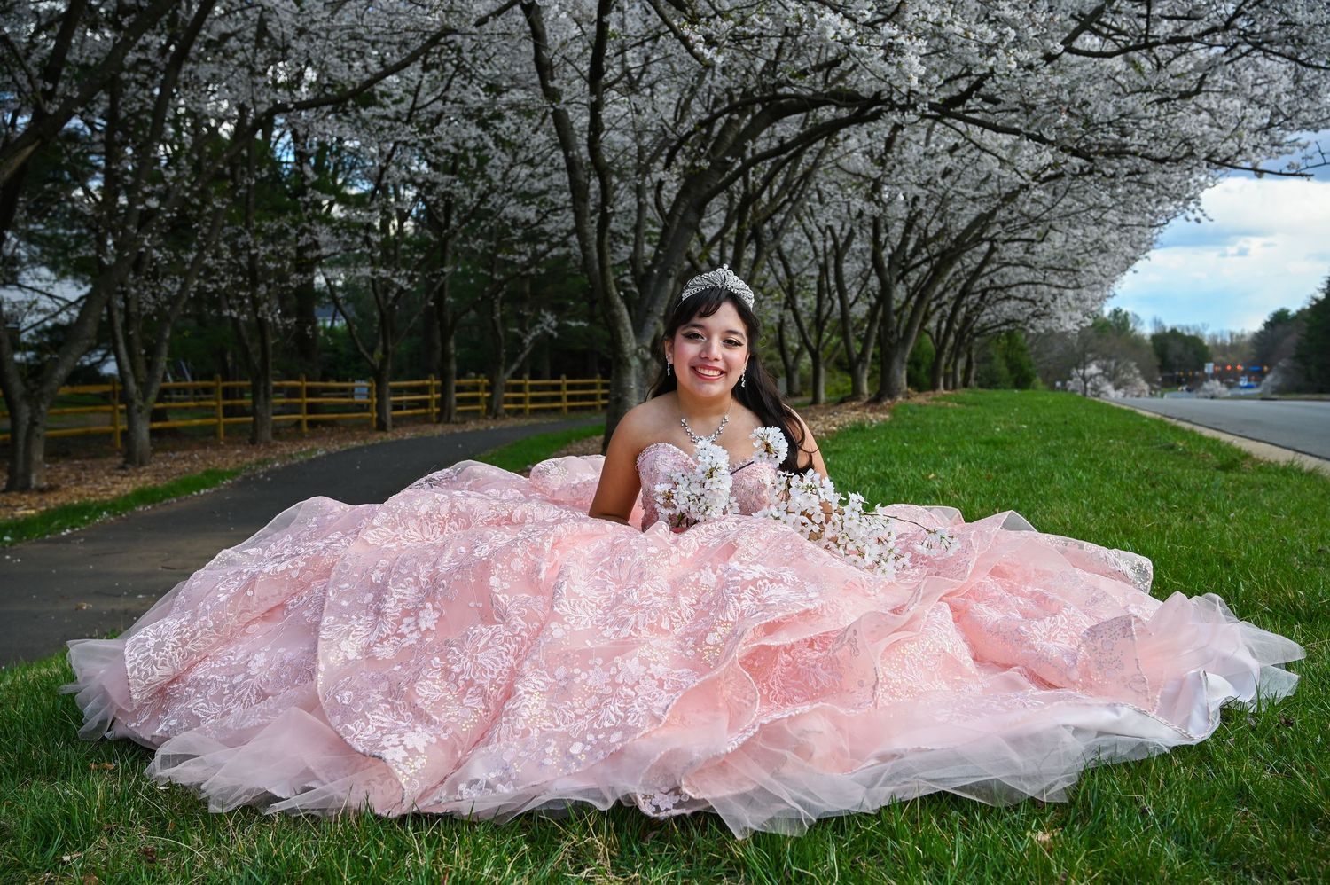 Quinceañera posing beneath the cherry blossom trees in Northern Virginia in her elegant gown.