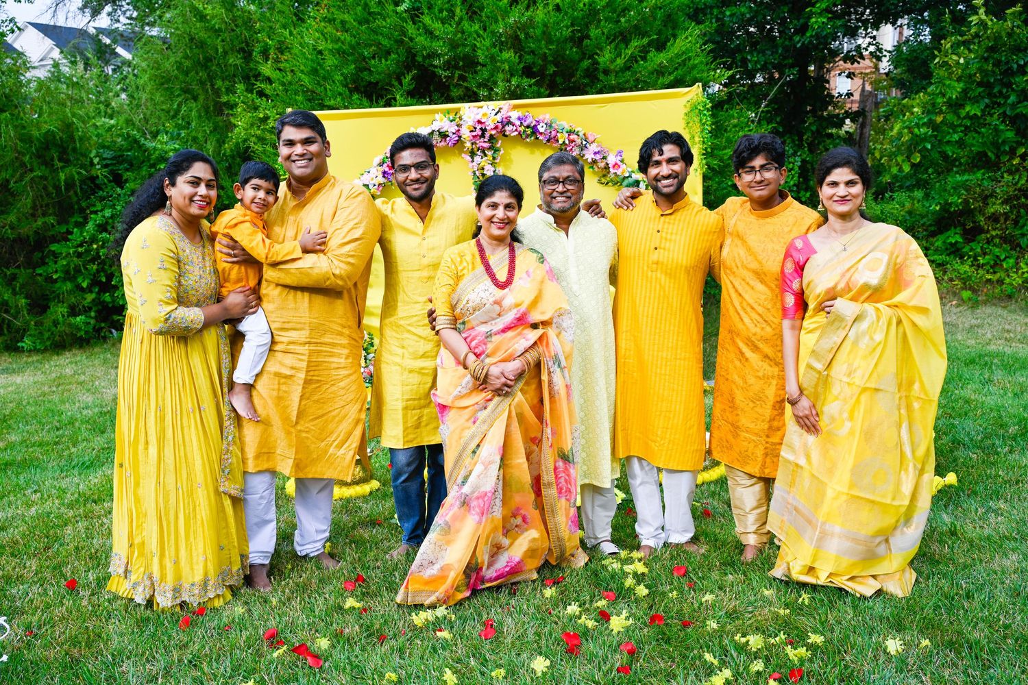 Family gathered together for a memorable haldi celebration photo.