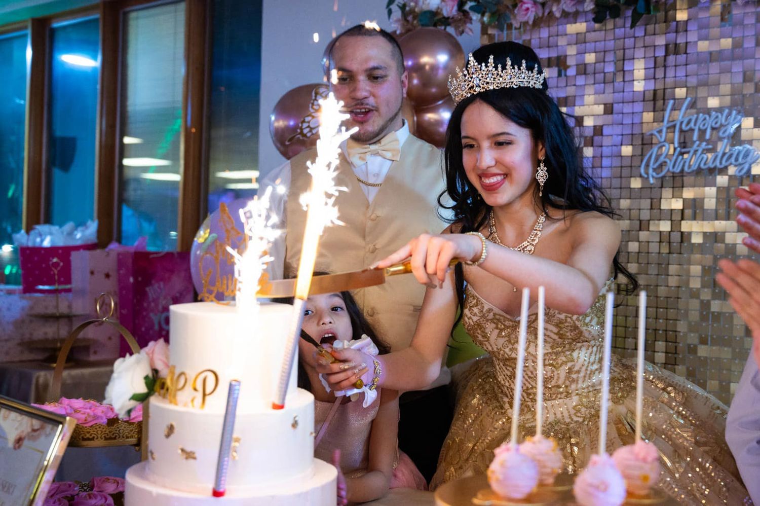 Cake-cutting moments captured during the quinceañera celebration.