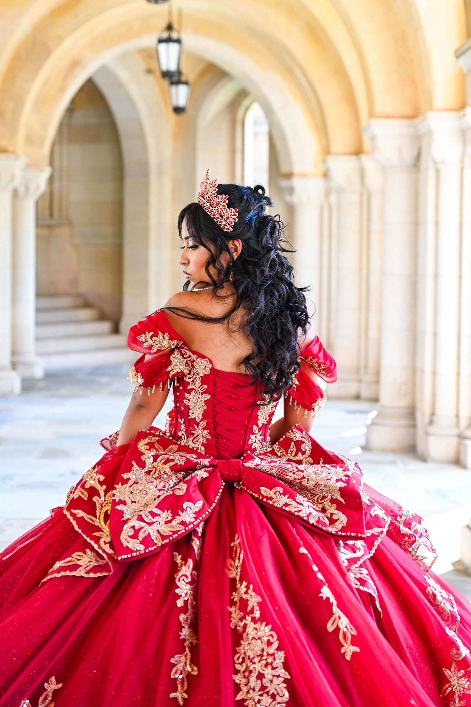 Backside portrait showcasing the beautiful bow on the dress at the Washington National Cathedral.