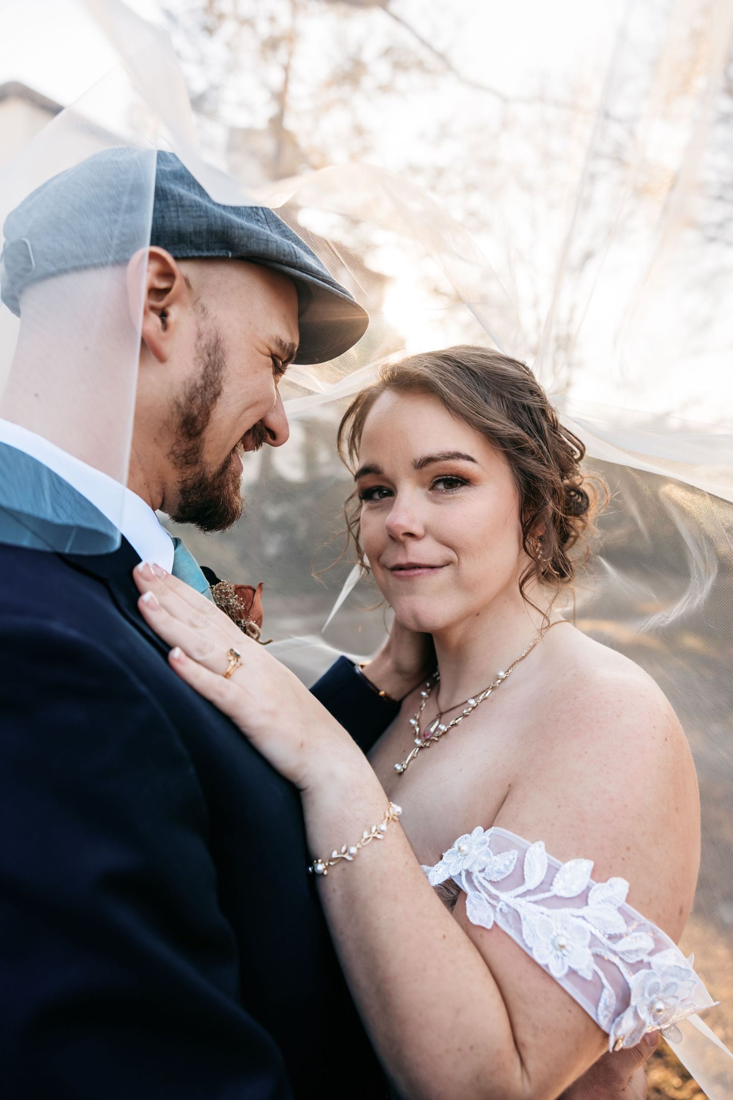 A romantic wedding couple shares an intimate moment in a series of close-up photos against a soft background.