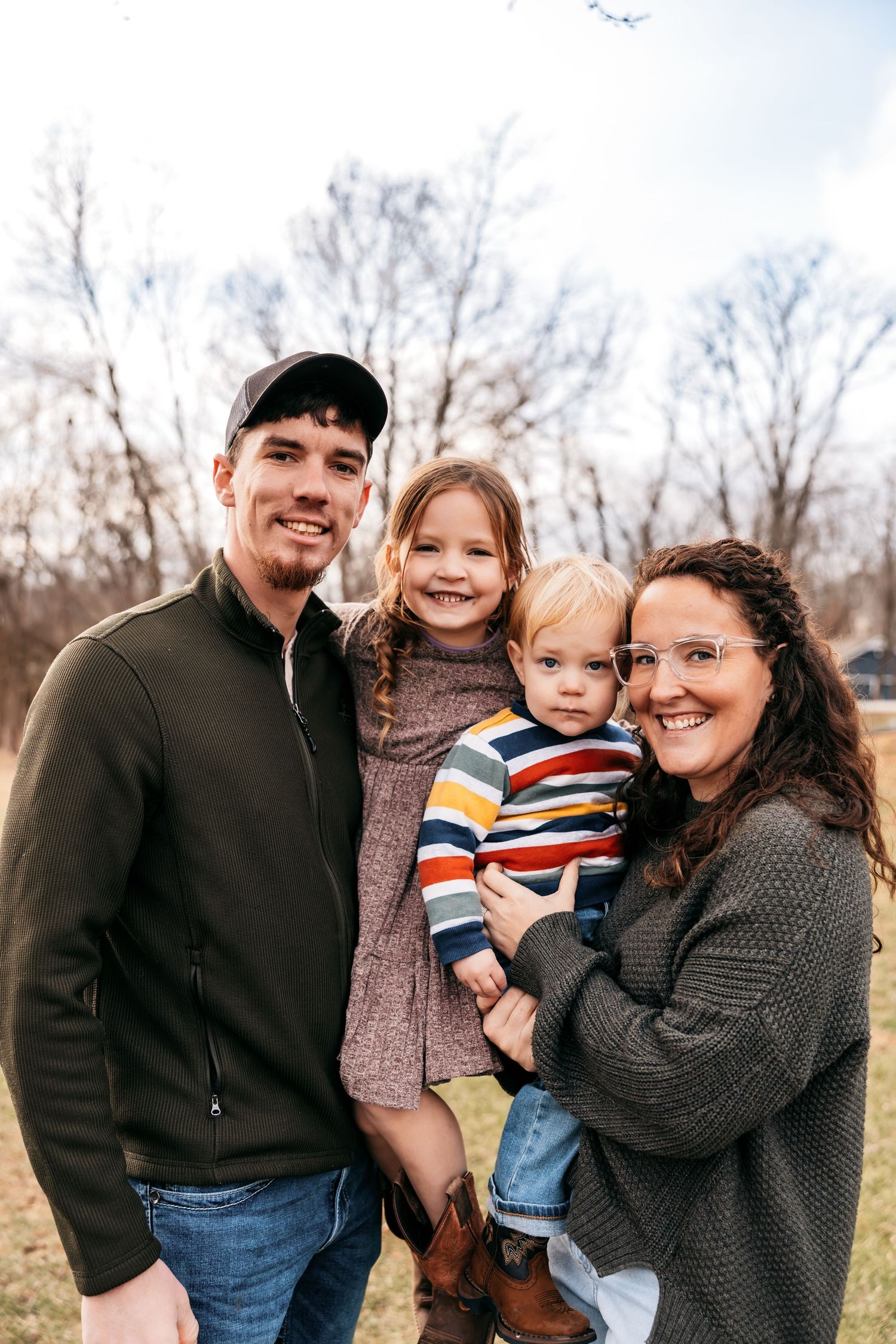 Casual family photos showing group hugging and laughing together outdoors.