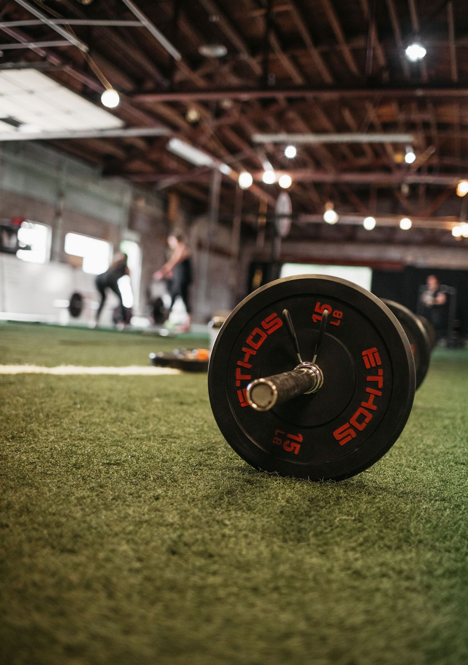 Close-up of weight plates lying on artificial turf in a dimly lit gym setting.