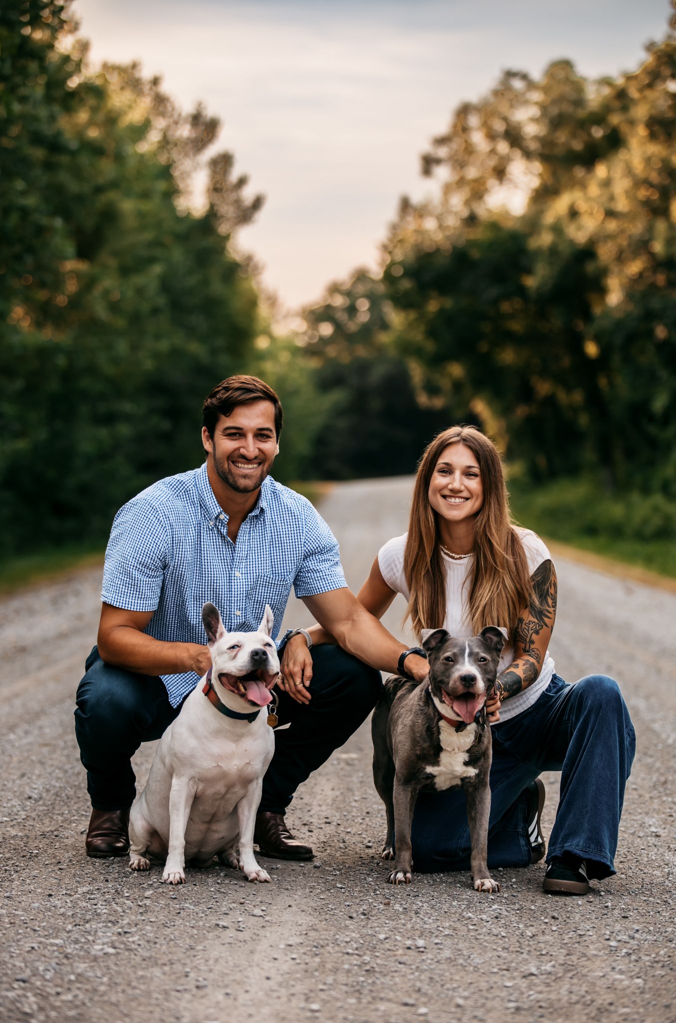 Couple poses with their two happy pit bulls on a tree-lined gravel road at sunset.