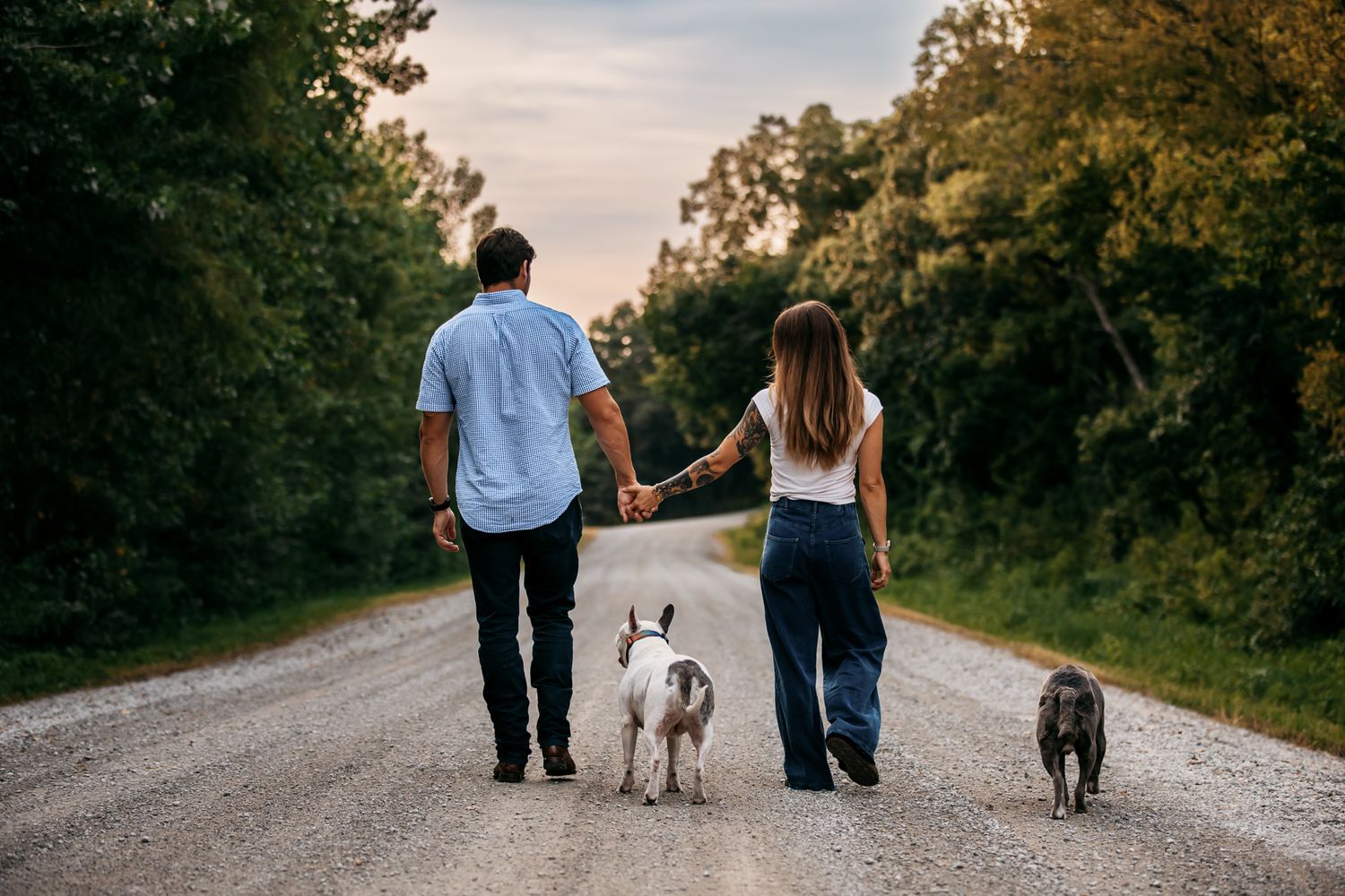 Couple walking dogs together on a scenic country road surrounded by trees.