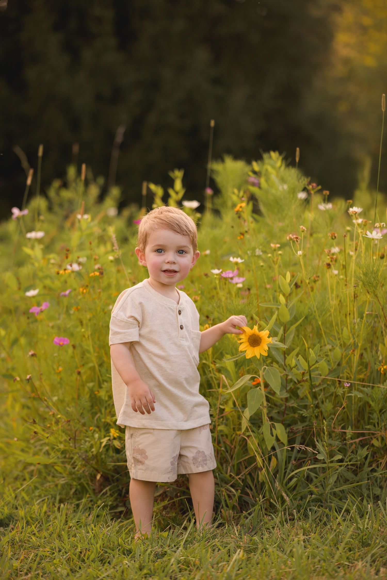 A small child explores a wildflower field with sunflowers and pink blooms.