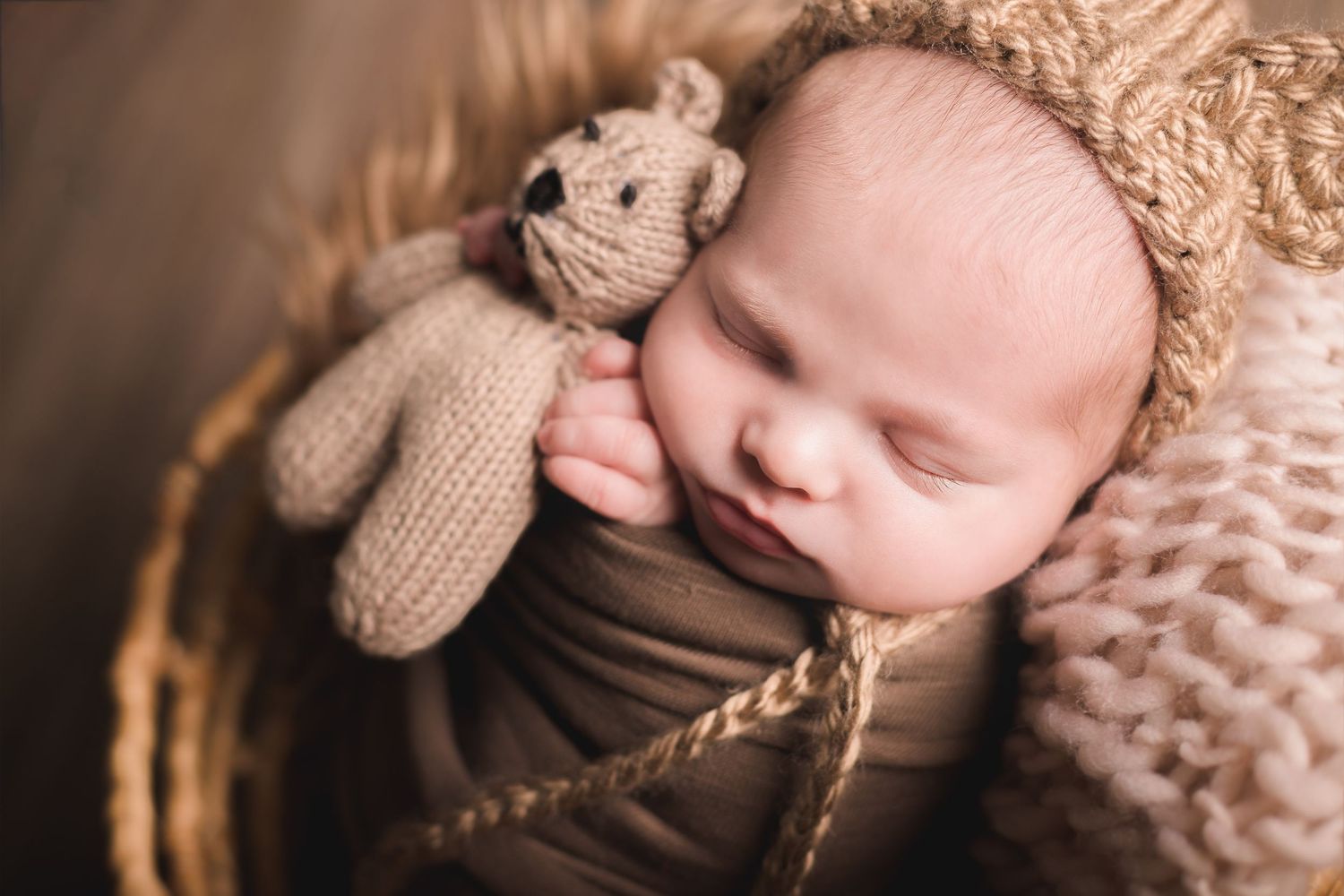 A series of sweet newborn photos with a tiny stuffed animal and soft knit blankets.