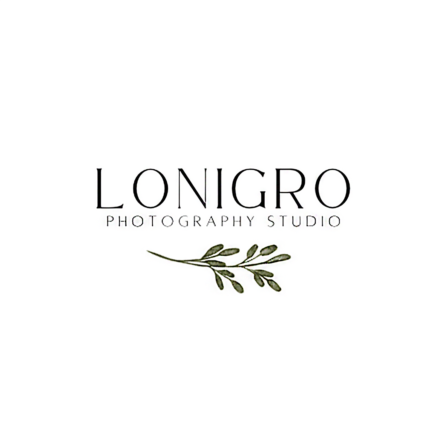 Elegant photography studio logo design with Lonigro text and decorative olive branch illustration in dark colors.