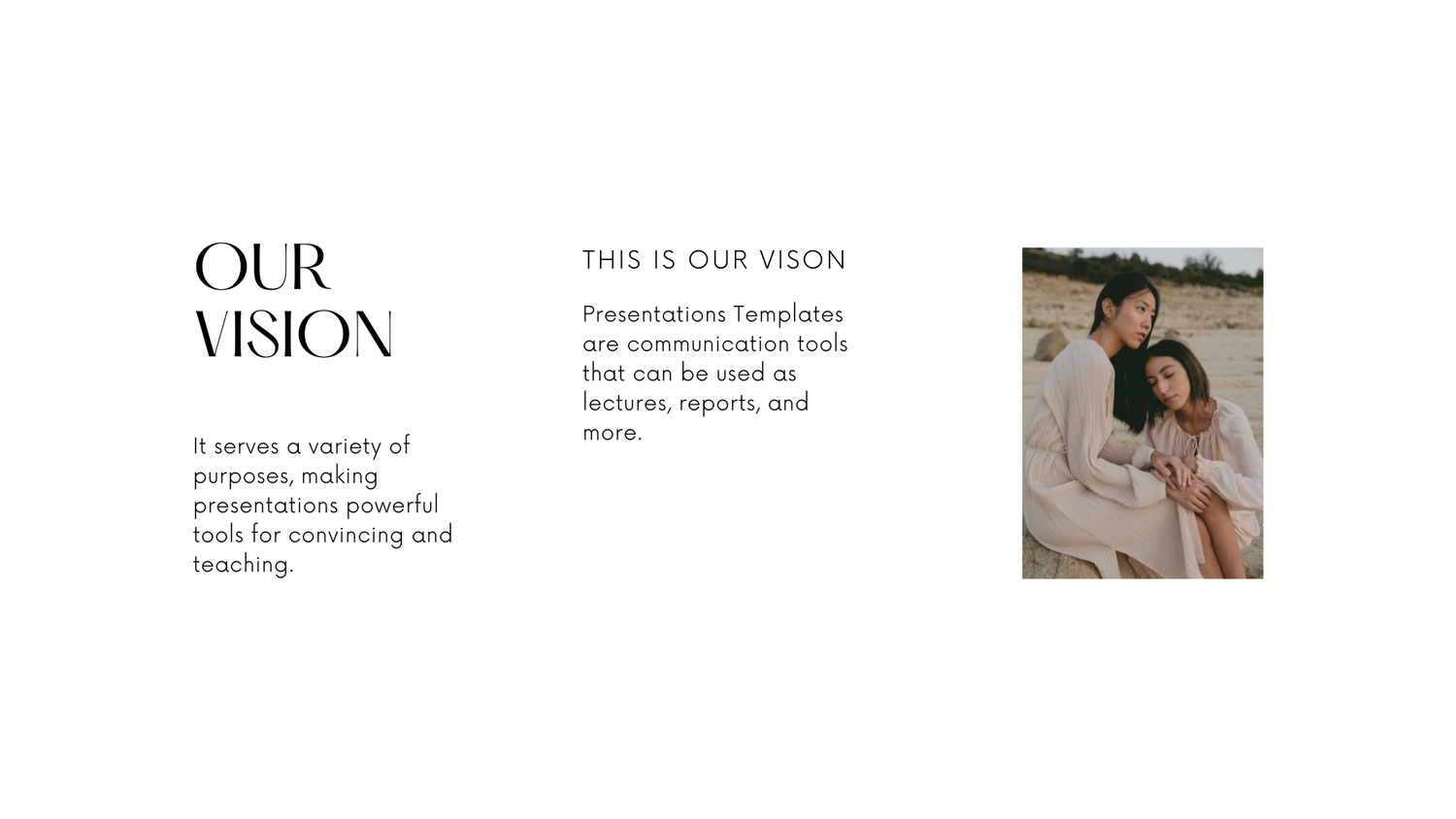 Two women posing together outdoors in a warm, natural setting for a vision presentation template slide.