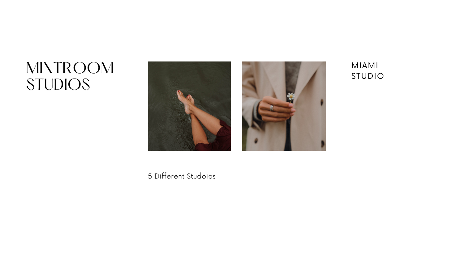 Elegant fashion studio featuring a model in a beige blazer and another showing legs in heels, promoting Mintroom Studios Miami.