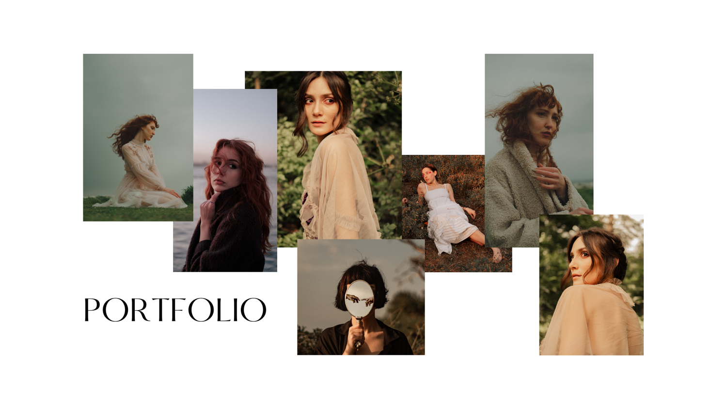 A professional photography portfolio collage featuring seven artistic portraits of women in natural outdoor and studio settings.