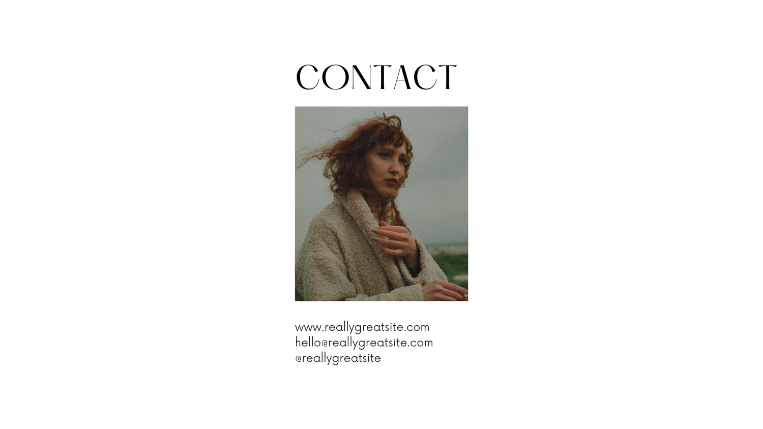 A contact page featuring a woman in a beige blazer with website and email details on a white background.