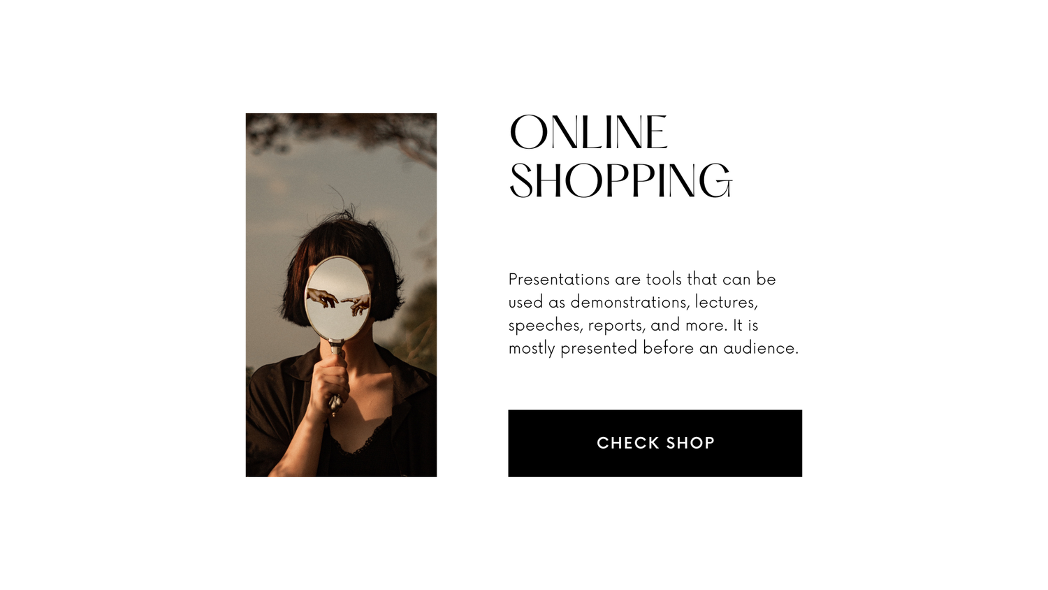 A stylish woman holds a magnifying glass to her eye against a white background, promoting an online shopping website.