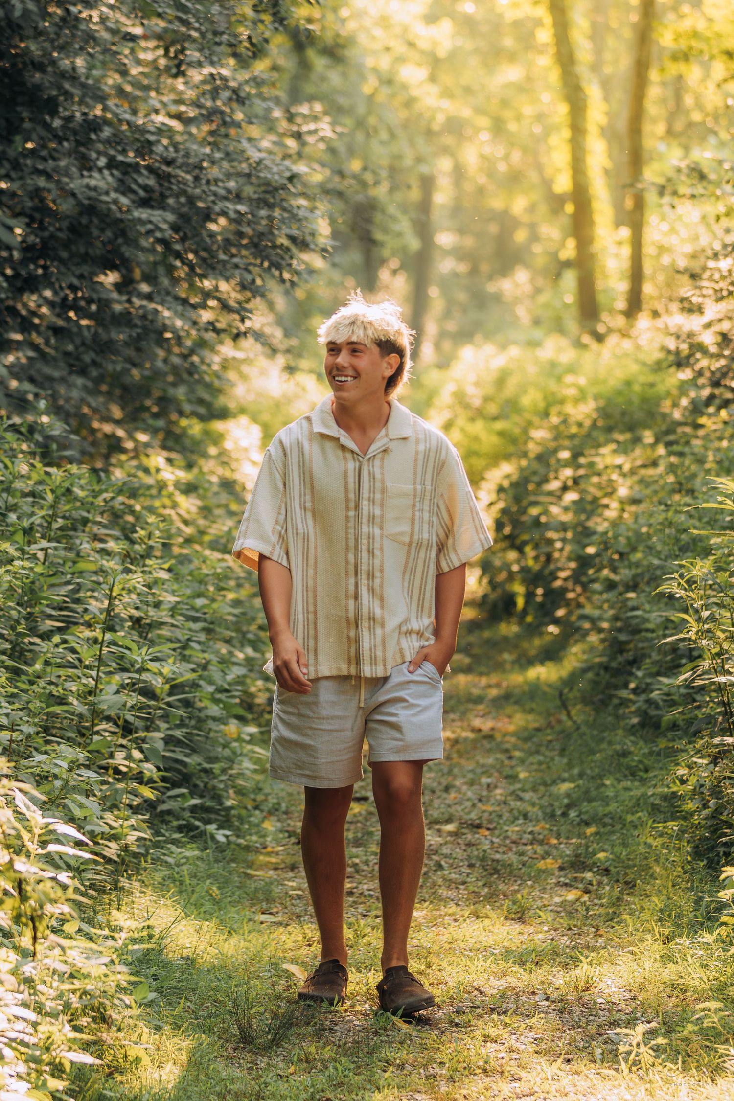 Senior smiling while walking to the side.