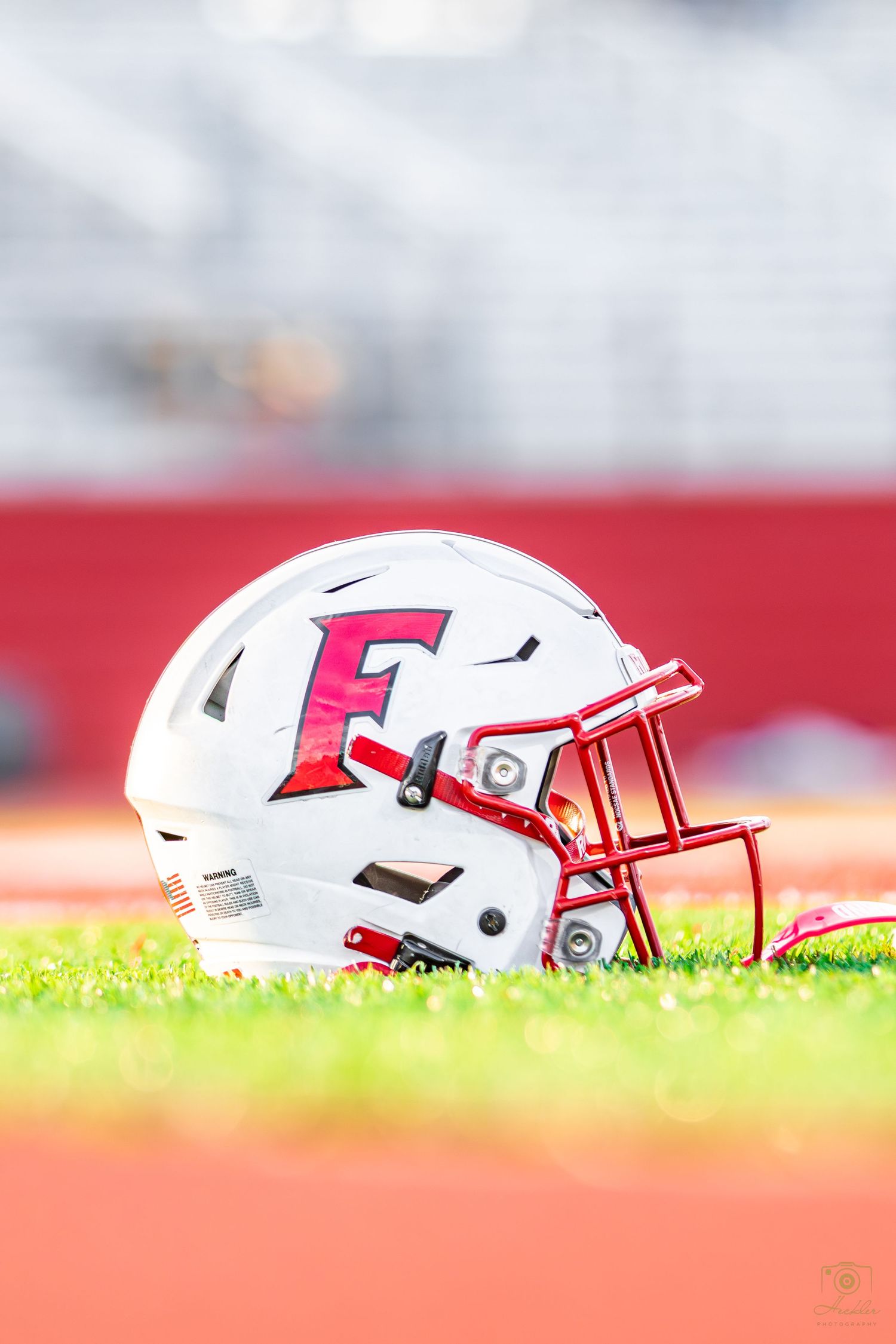 The side of a football hemet on the ground.