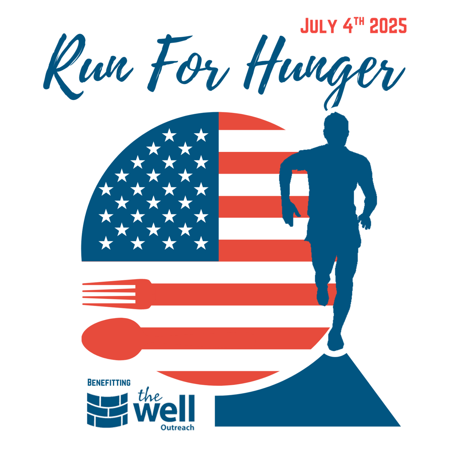 Run For Hunger 5K race logo with American flag, runner silhouette, and fork & spoon, benefiting The Well Outreach, July 4th 2025.