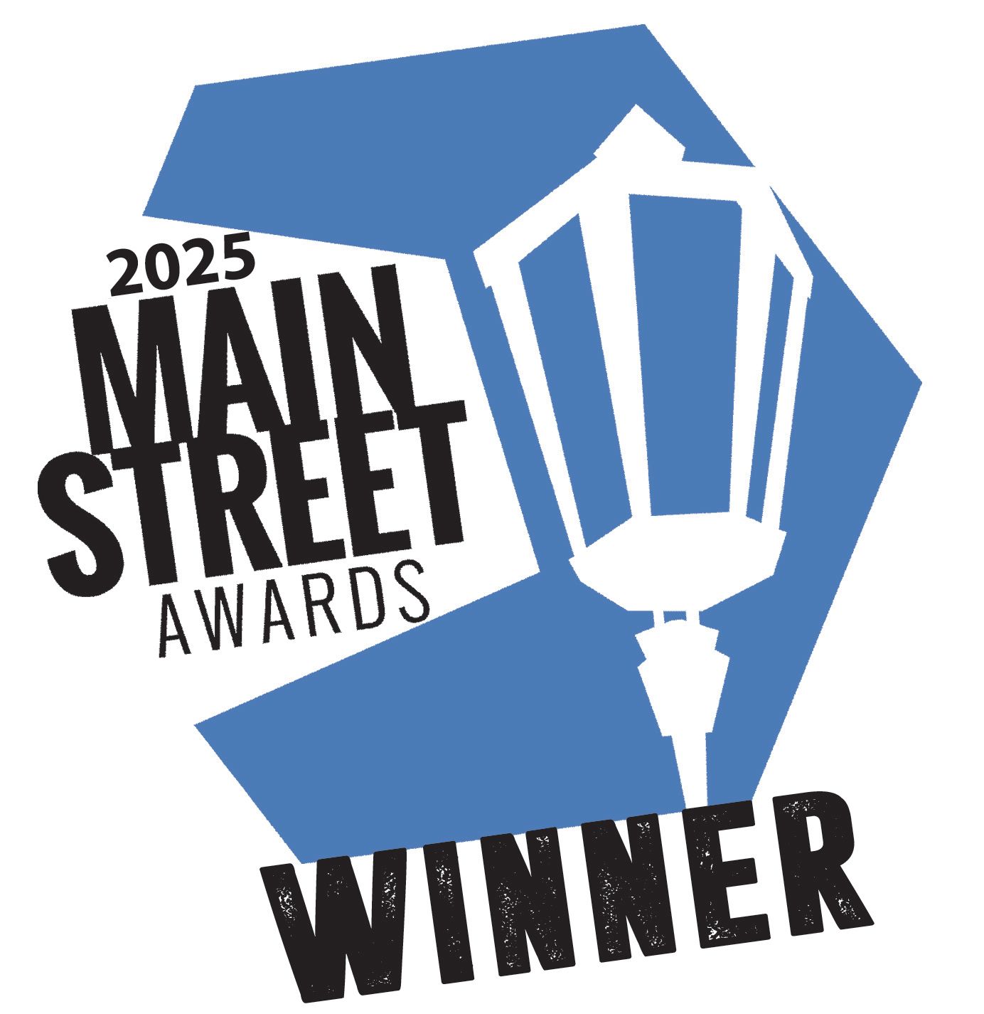 2025 Main Street Awards Winner badge with a blue hexagon and street lamp illustration.