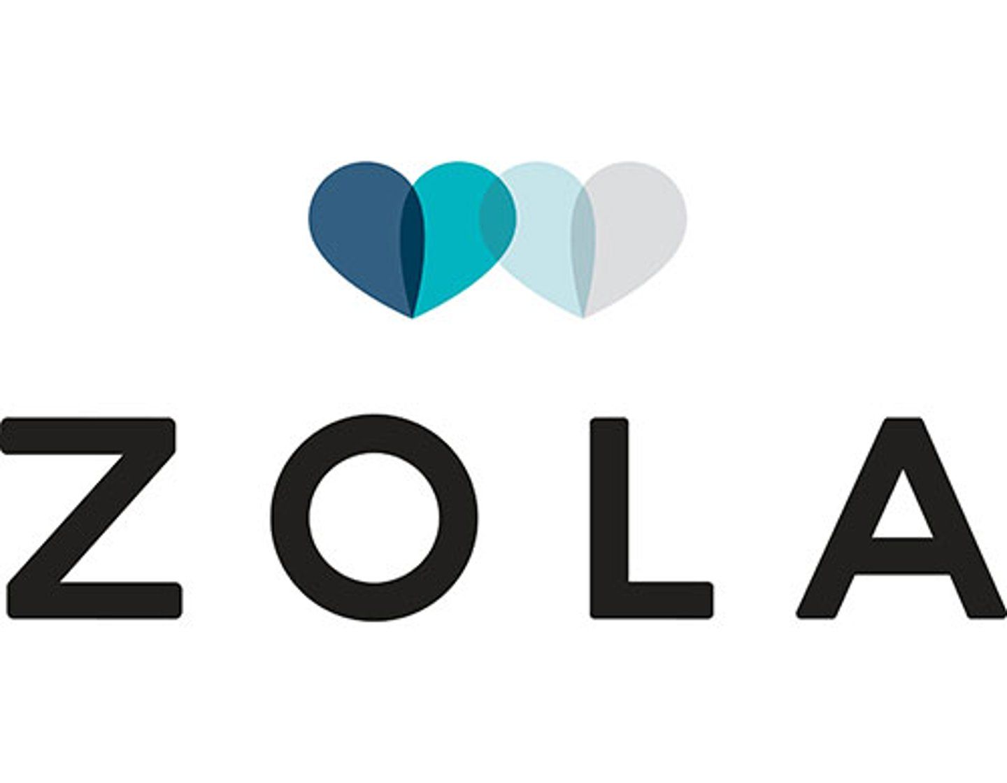 Zola wedding registry logo featuring three overlapping hearts in dark blue, teal, and light gray above bold black text.