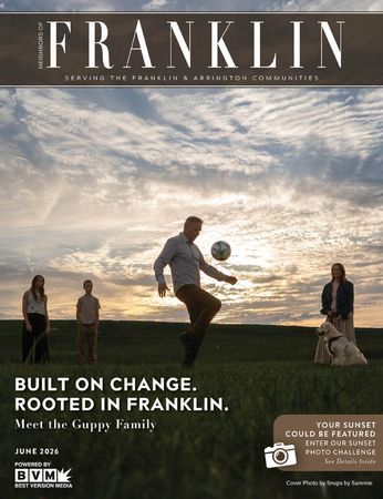 Franklin magazine June 2026 cover featuring the Guppy family playing soccer in a green field at sunset.