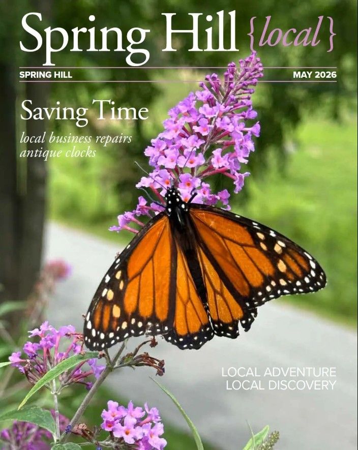 Spring Hill Local magazine May 2026 cover featuring a monarch butterfly perched on purple butterfly bush flowers.