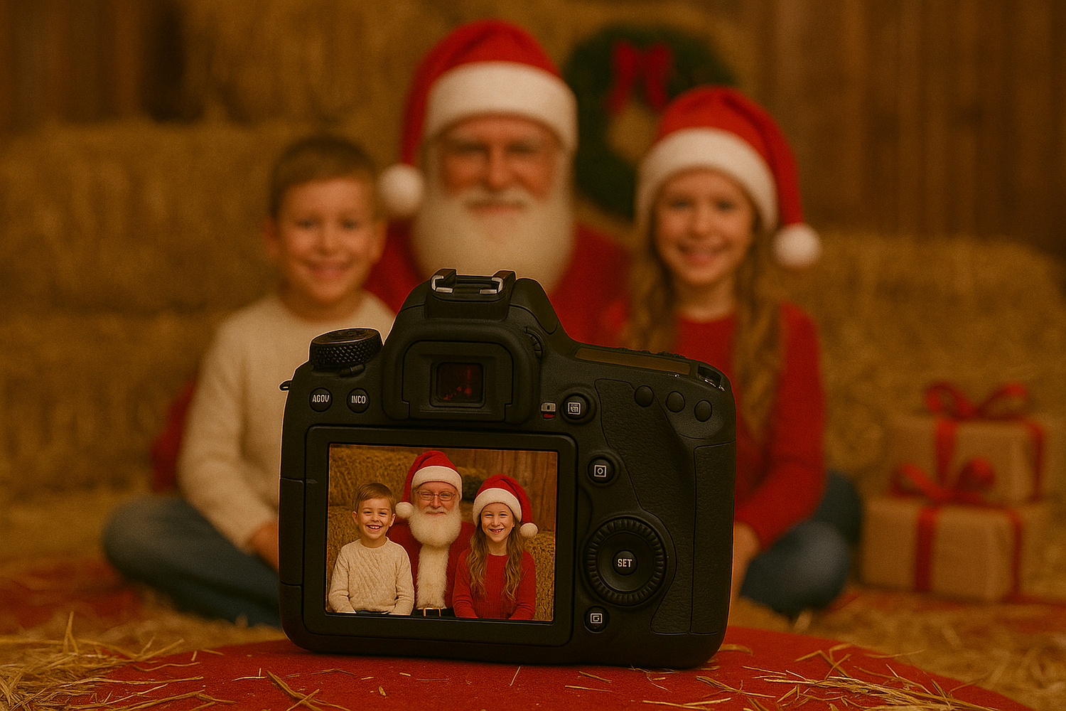 Children visit with Santa Claus in a warm holiday setting with a camera display showing the festive moment.