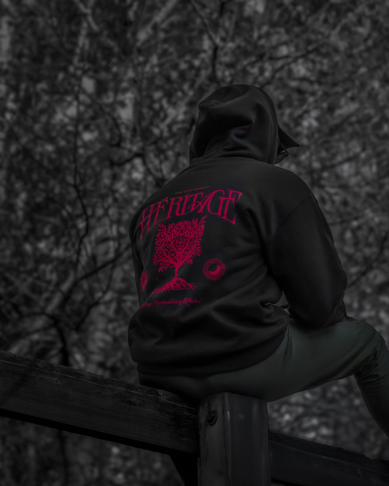 Back view of person in black hoodie with pink graphic sitting on wooden fence.