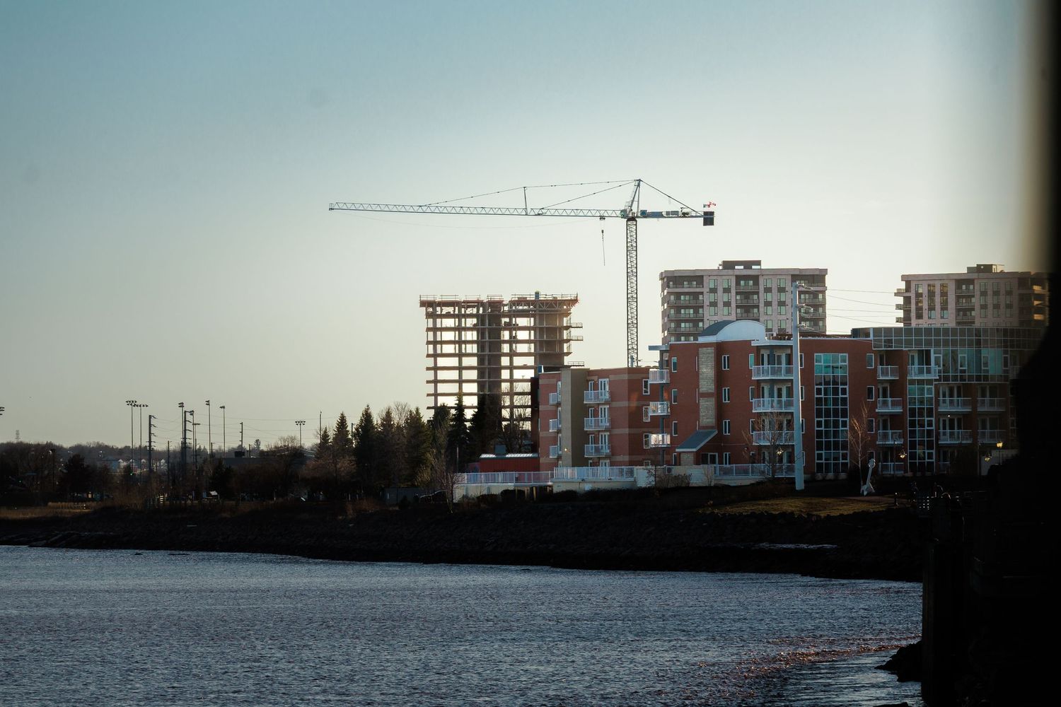 Urban waterfront skyline with construction cranes and modern buildings against pale sky.