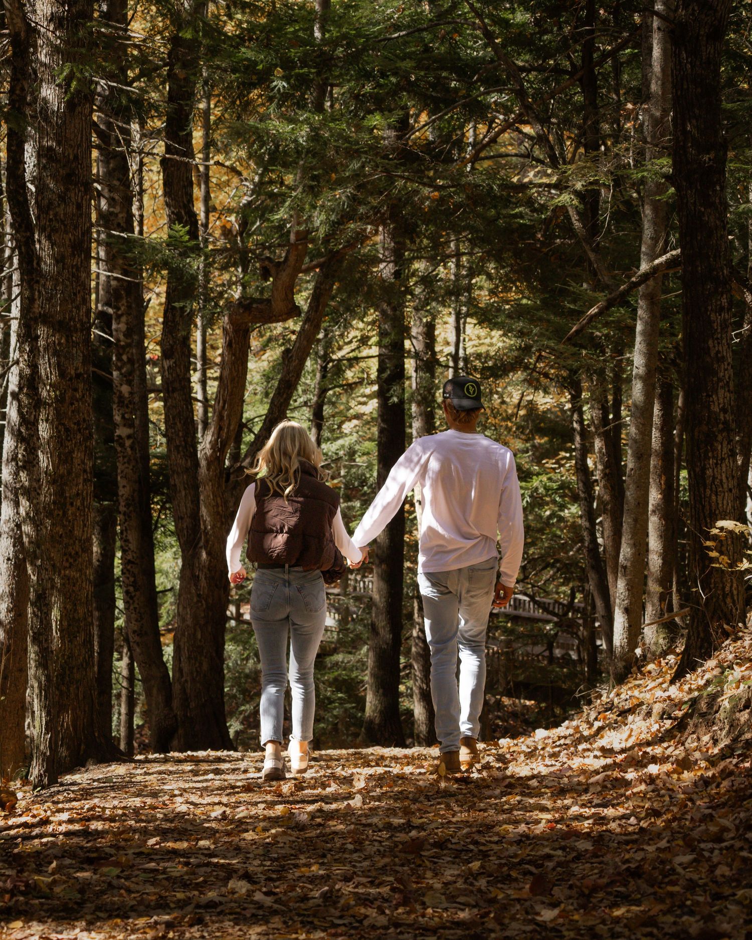 Group of people walking on a leaf-covered forest trail surrounded by tall trees in autumn sunlight.