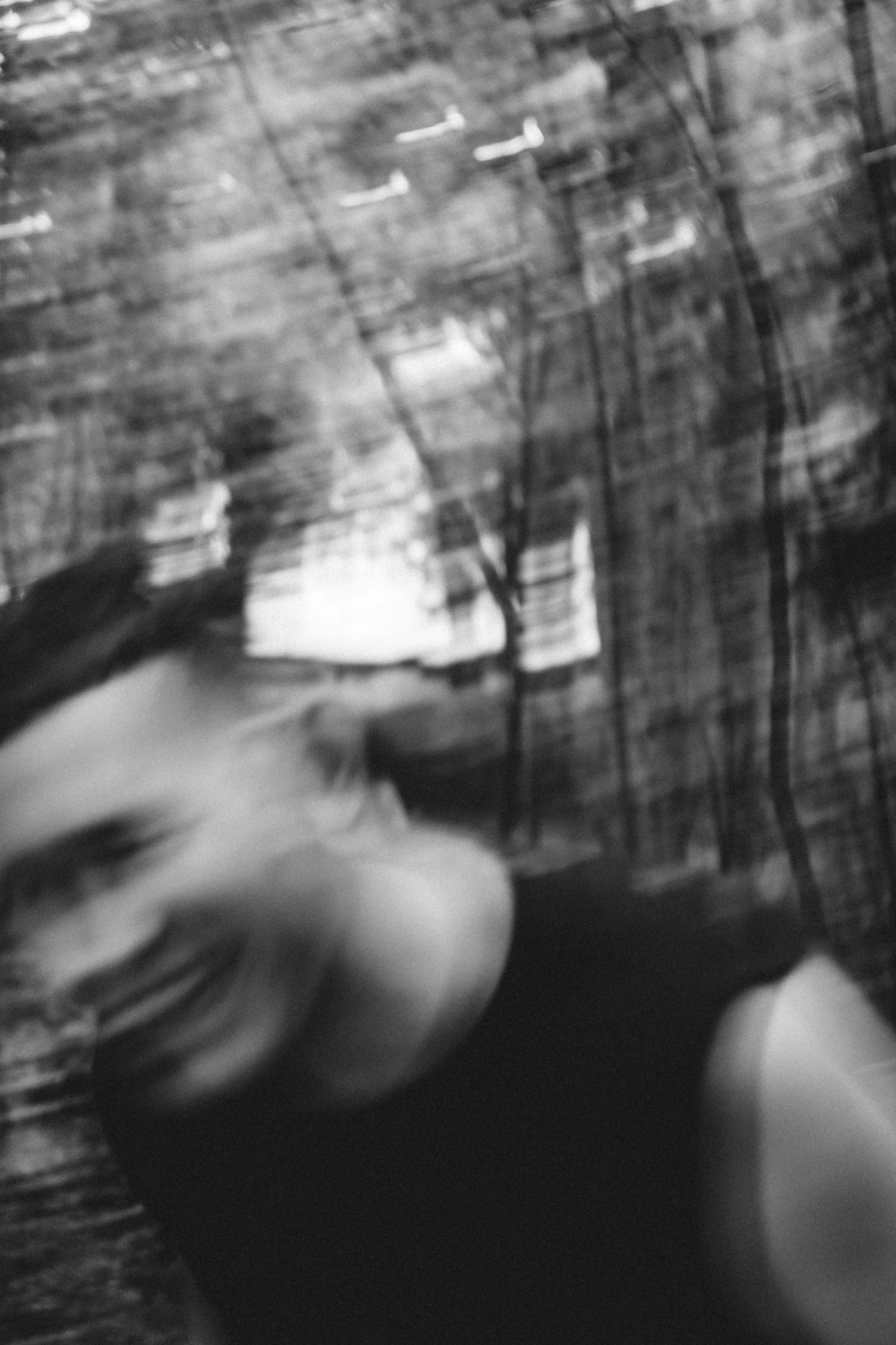 Abstract motion-blurred figure in black and white with experimental camera technique.