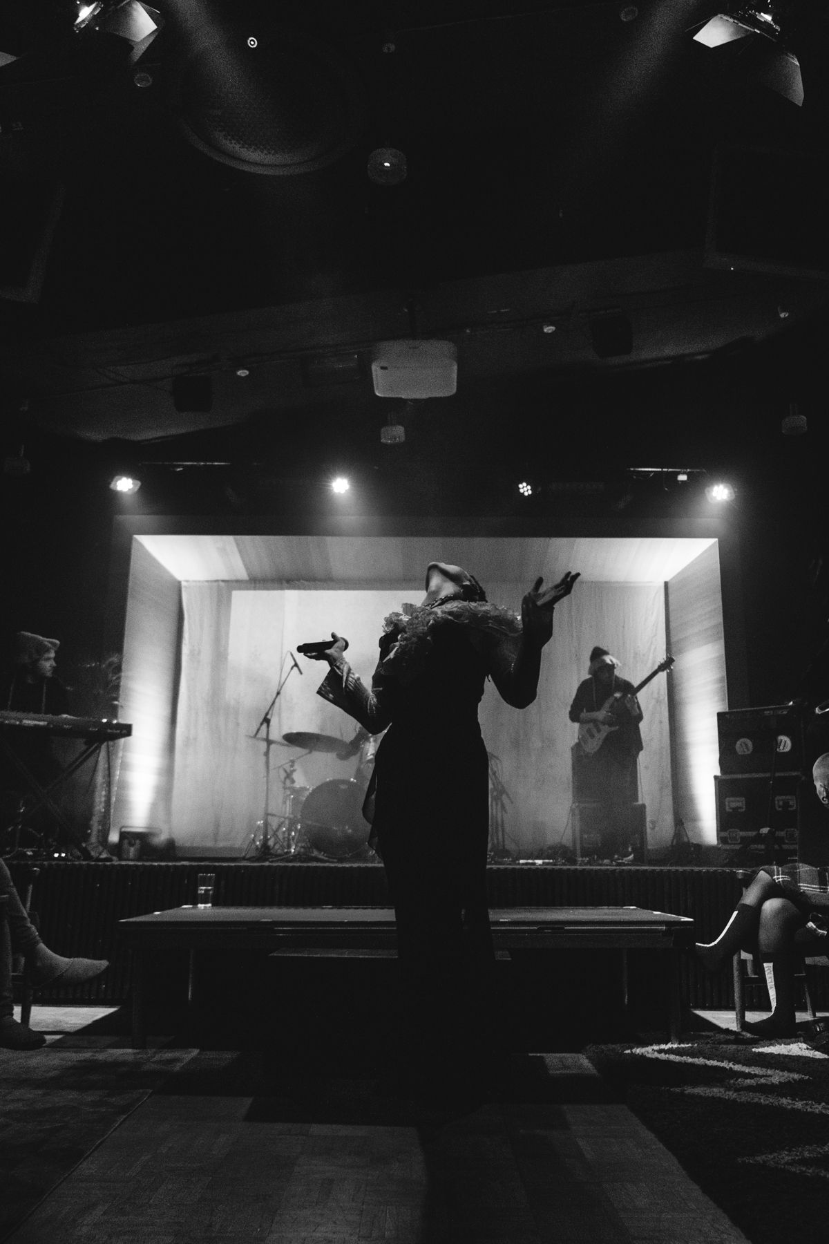 Dramatic black and white concert photo showing performer's silhouette against illuminated stage backdrop.