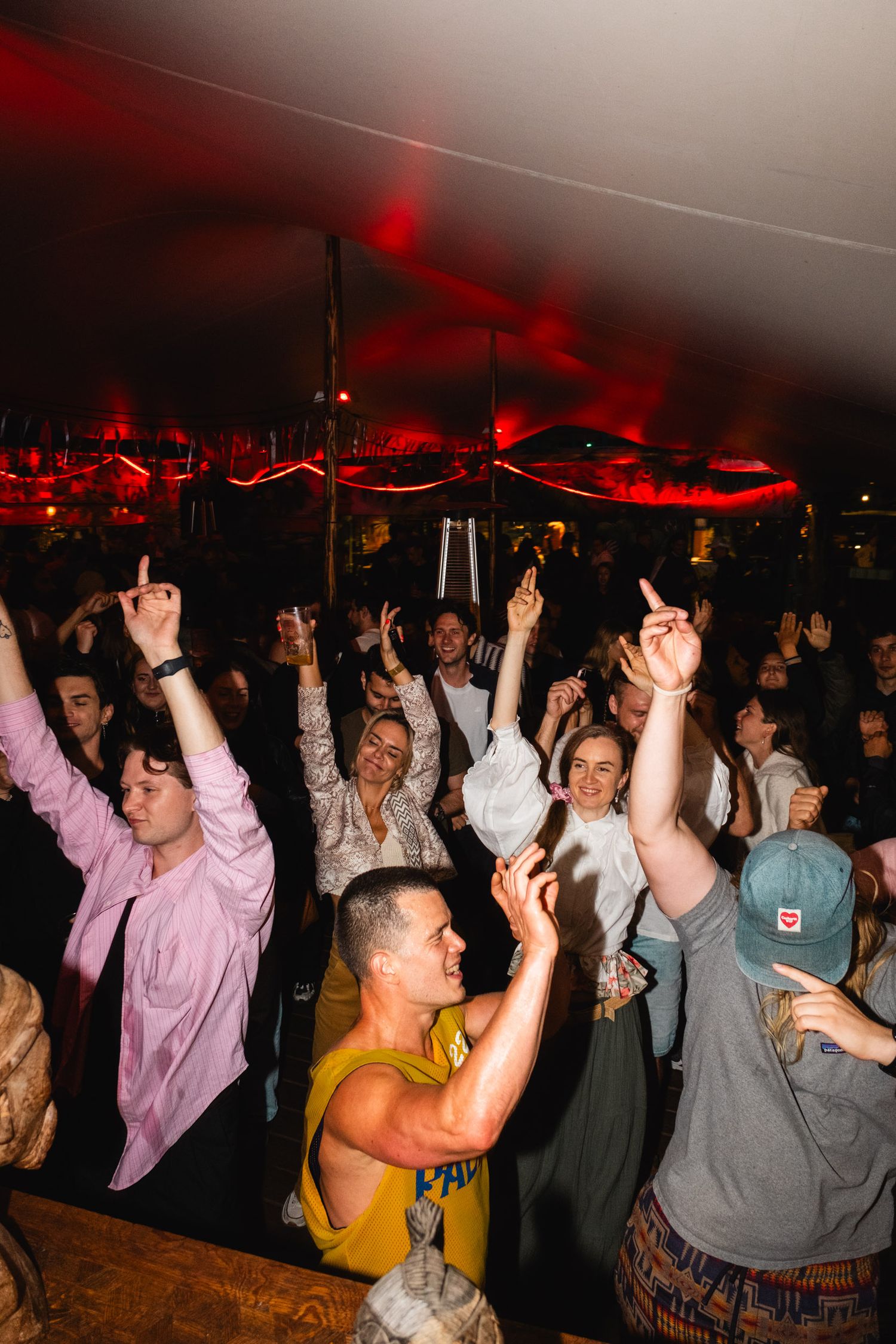 Crowd dancing with hands raised under red lighting at a nightclub party.