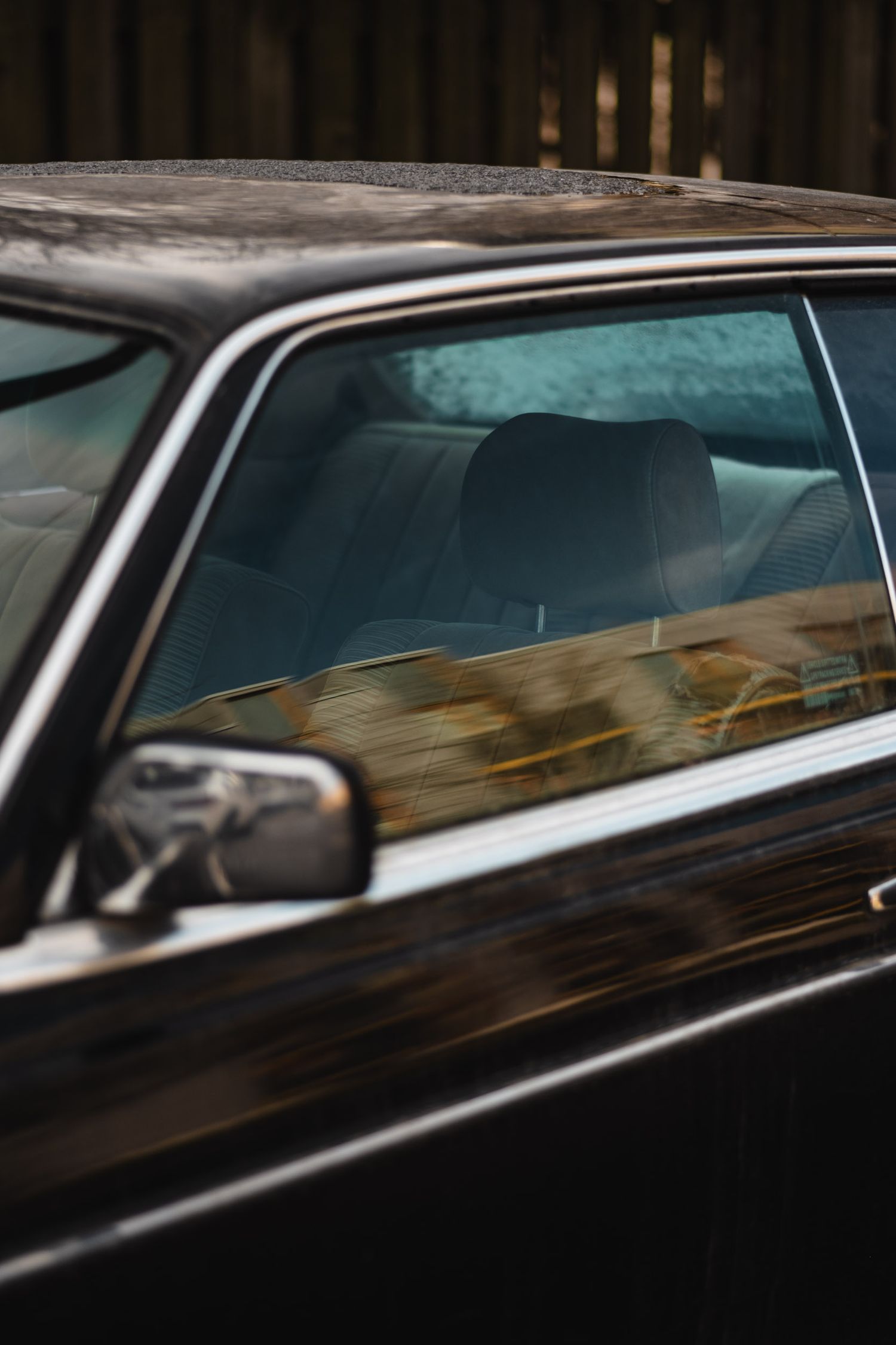 Side view of a black luxury car with tinted windows reflecting ambient light.