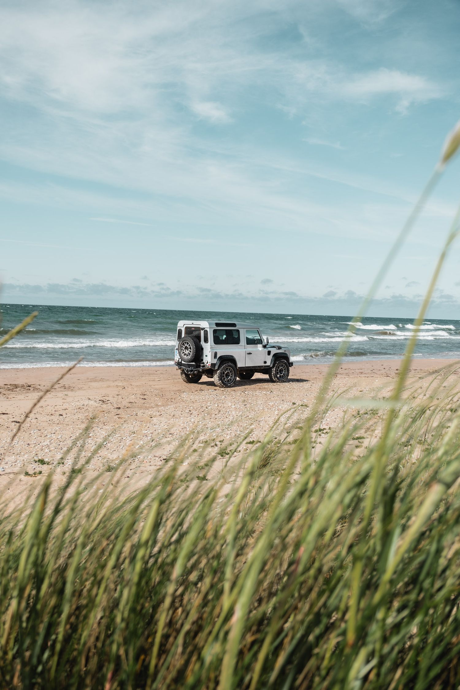 Land Rover Defender photographed through beach grass on sandy coastline.