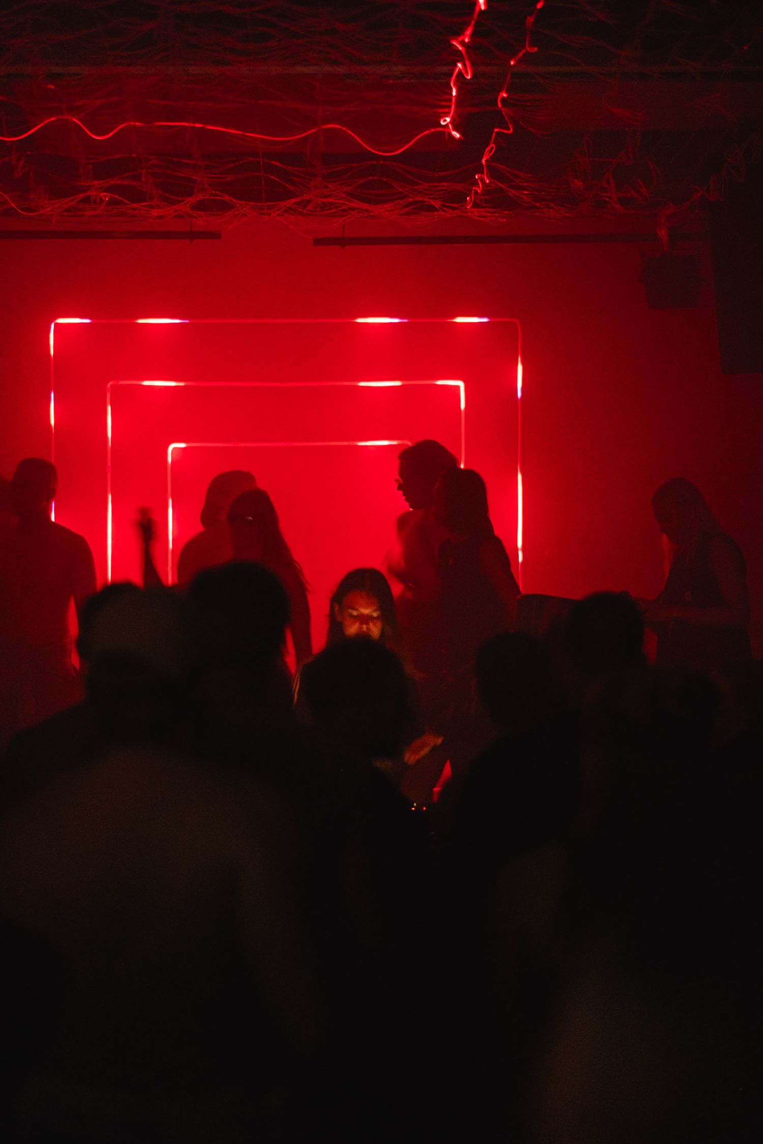 Silhouettes of people dancing in a dark nightclub illuminated by red neon lights.