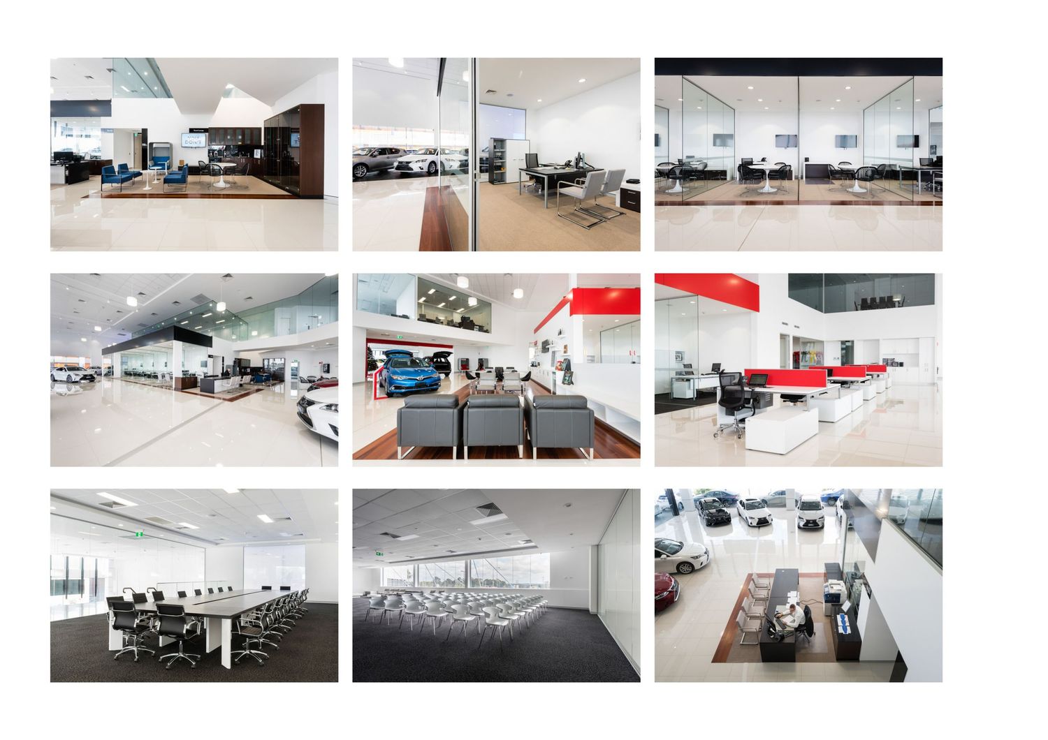 Interiors photography of modern office interior with workstations, white desks, and ergonomic chairs arranged in an open floor plan layout.