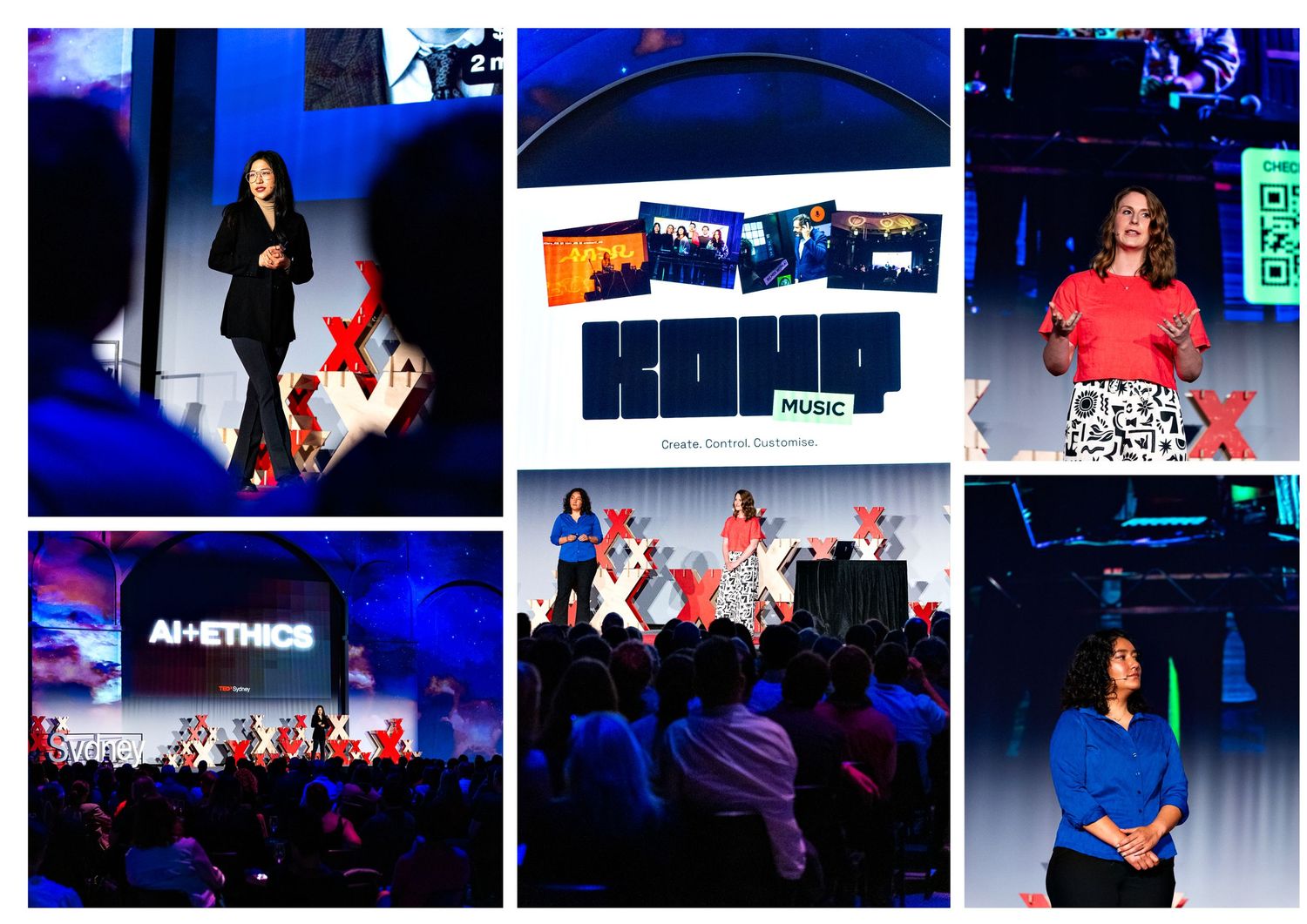 Collage of conference speakers presenting on stage at a tech and music event, featuring AI ethics and KOHO Music talks.