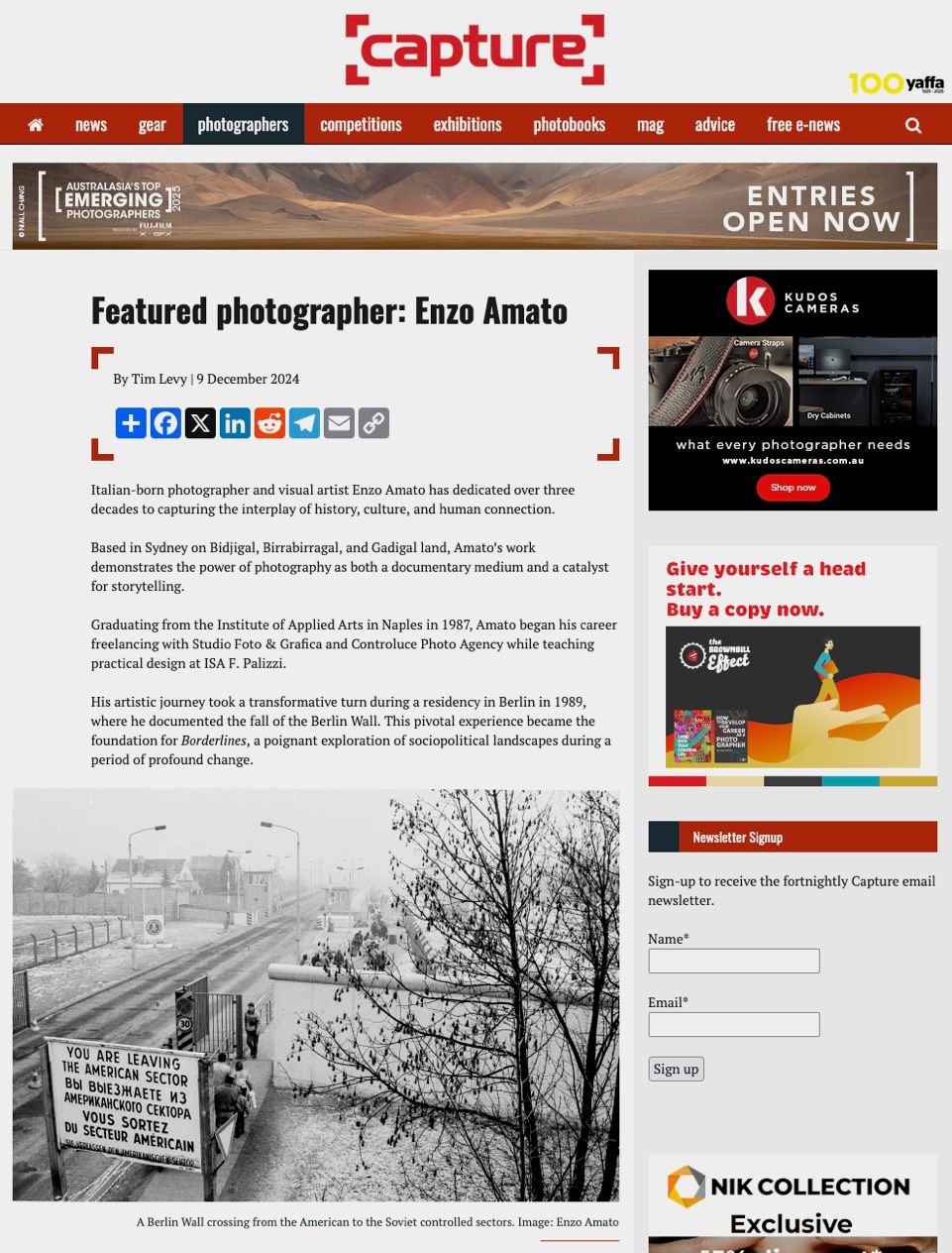 Capture Magazine featured photographer profile Enzo Amato, showcasing projects including the Beriln Wall 1989