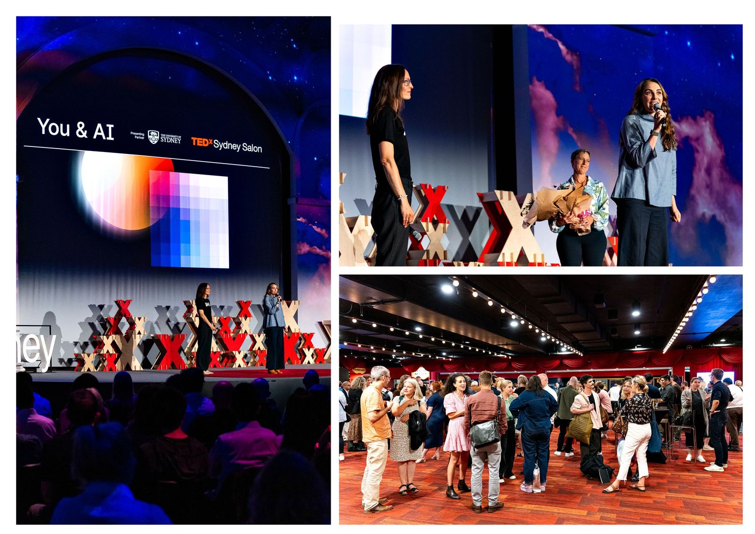 TEDx Sydney event featuring AI presentation on stage with two speakers and attendees networking in a conference hall.