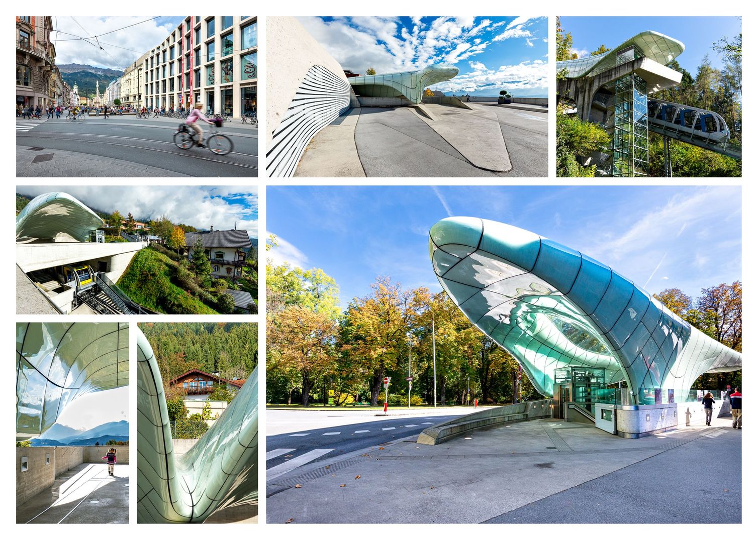 The Hungerburg Funicular in Innsbruck is a modern glass & steel structure with a striking architectural entrance to a transit station.