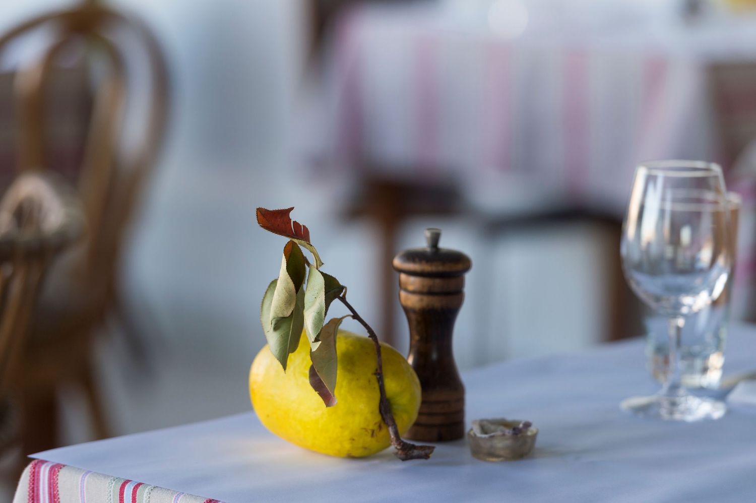 Table setting with wine glasses and condiments in soft focus.