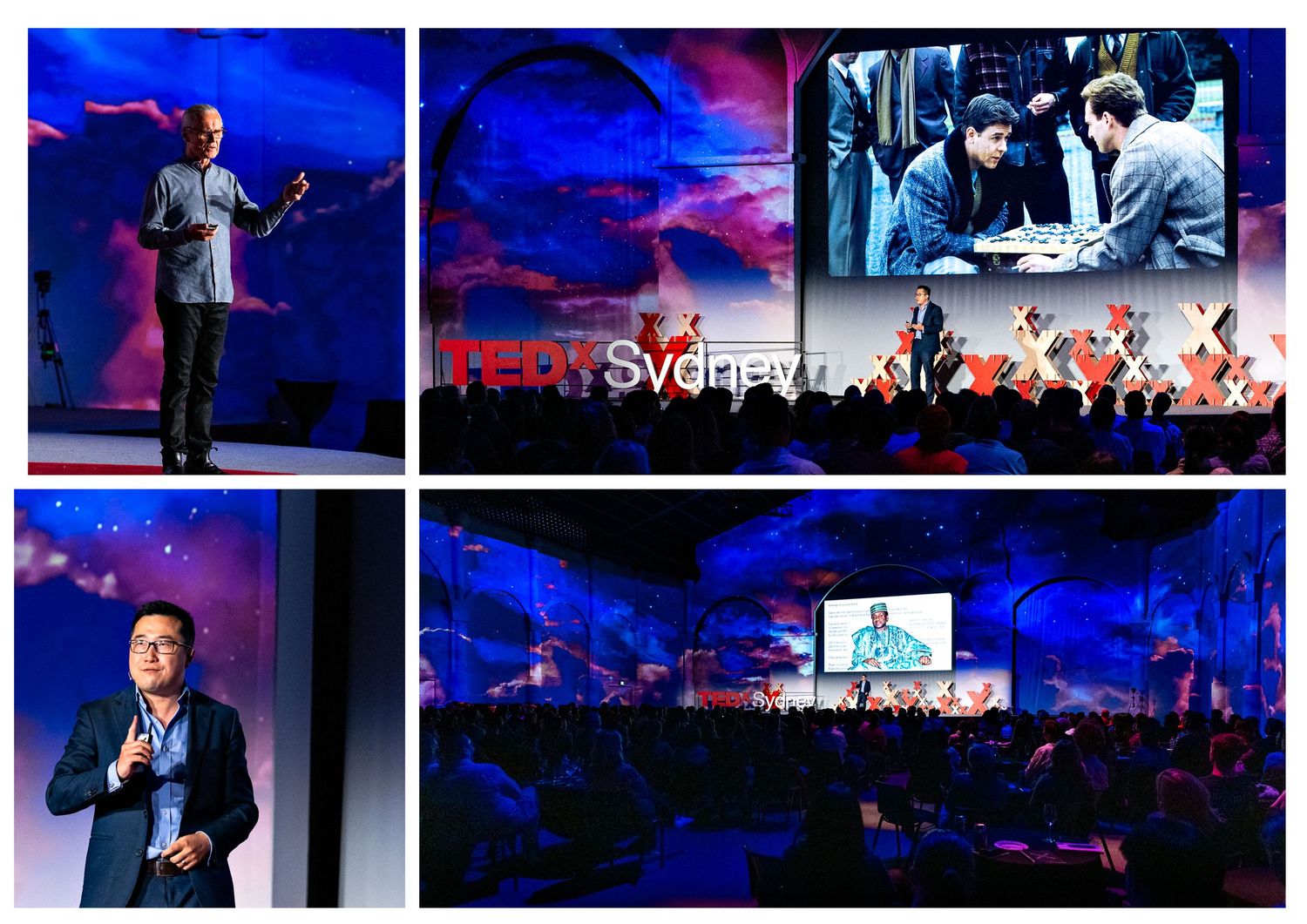 TEDx Sydney event collage featuring speakers on stage, large screens, and an engaged audience in a dramatic venue.