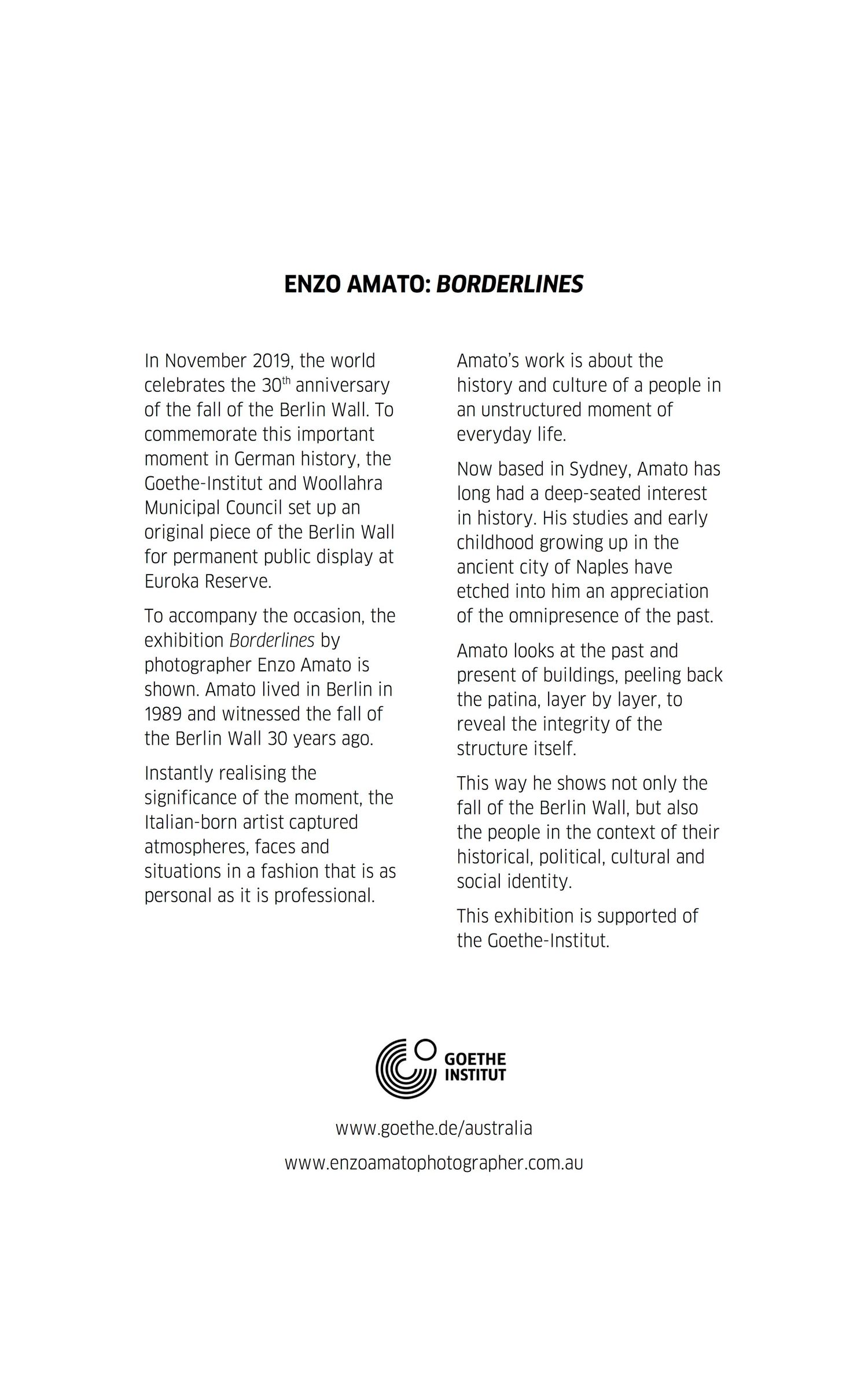 Exhibition text panel describing Enzo Amato's Borderlines photography project and its historical context.