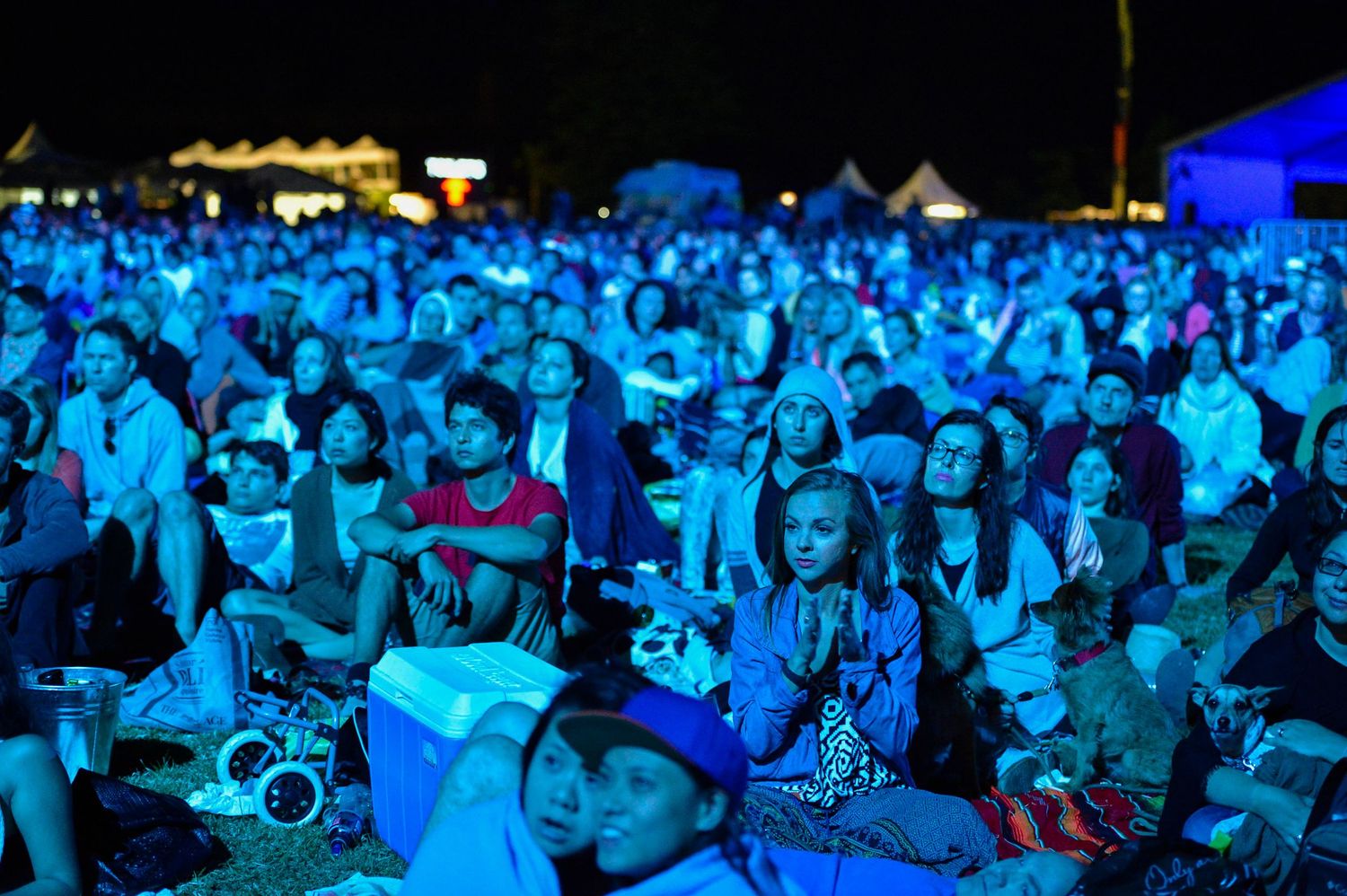 A large crowd of concert attendees illuminated by blue lighting at a nighttime music festival event.